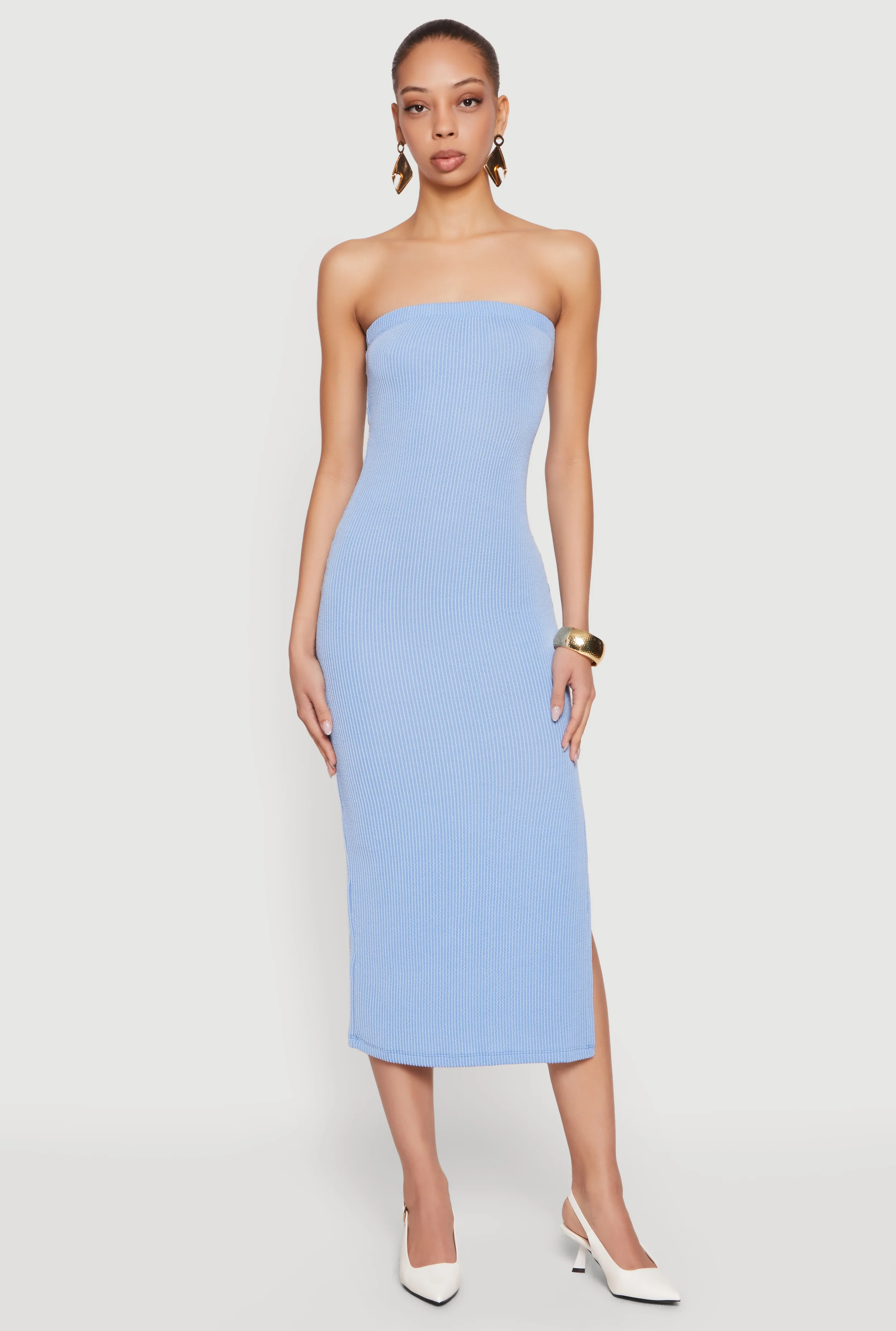 Ribbed Knit Side Slit Midi Tube Dress with Keyhole Back