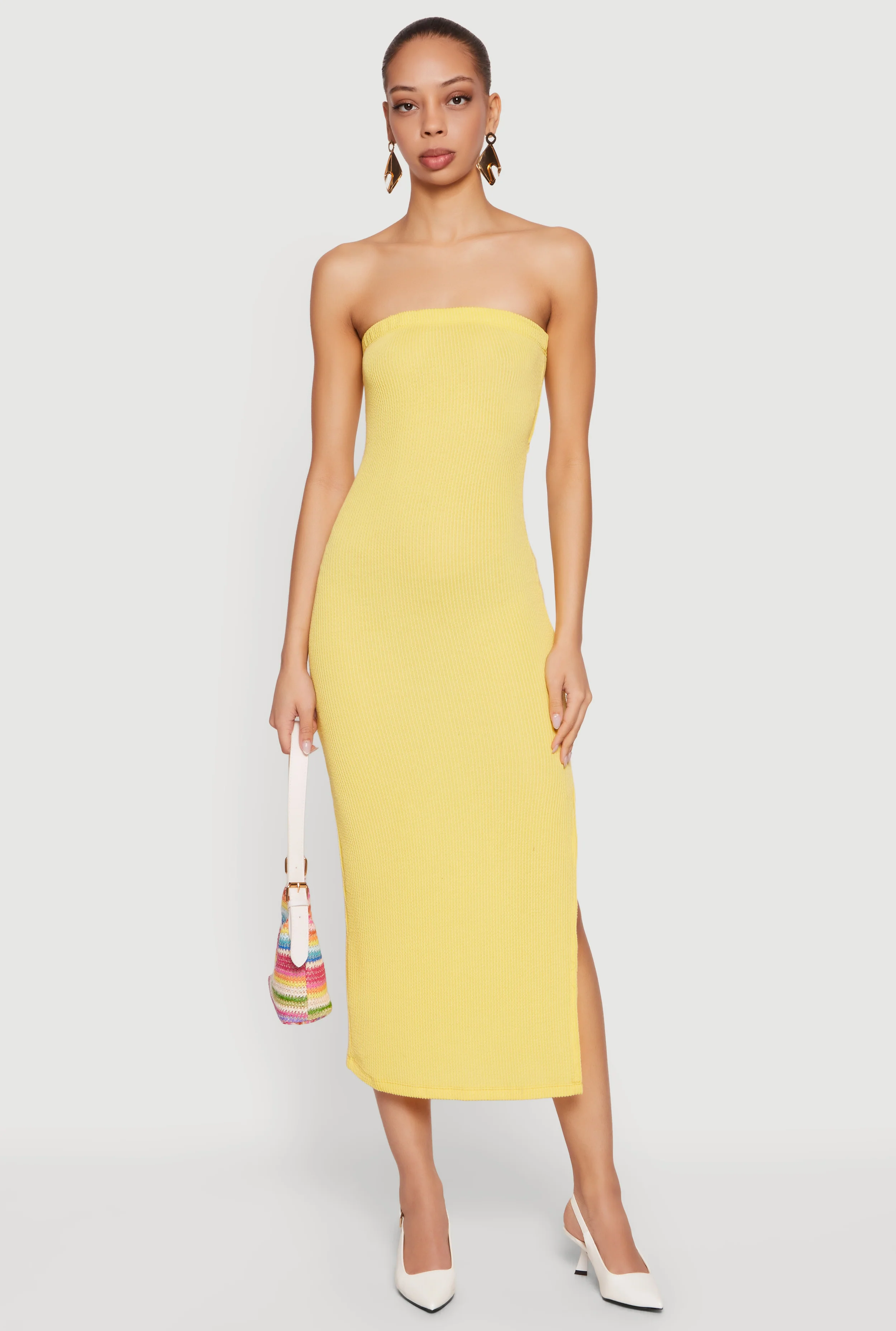 Ribbed Knit Side Slit Midi Tube Dress with Keyhole Back