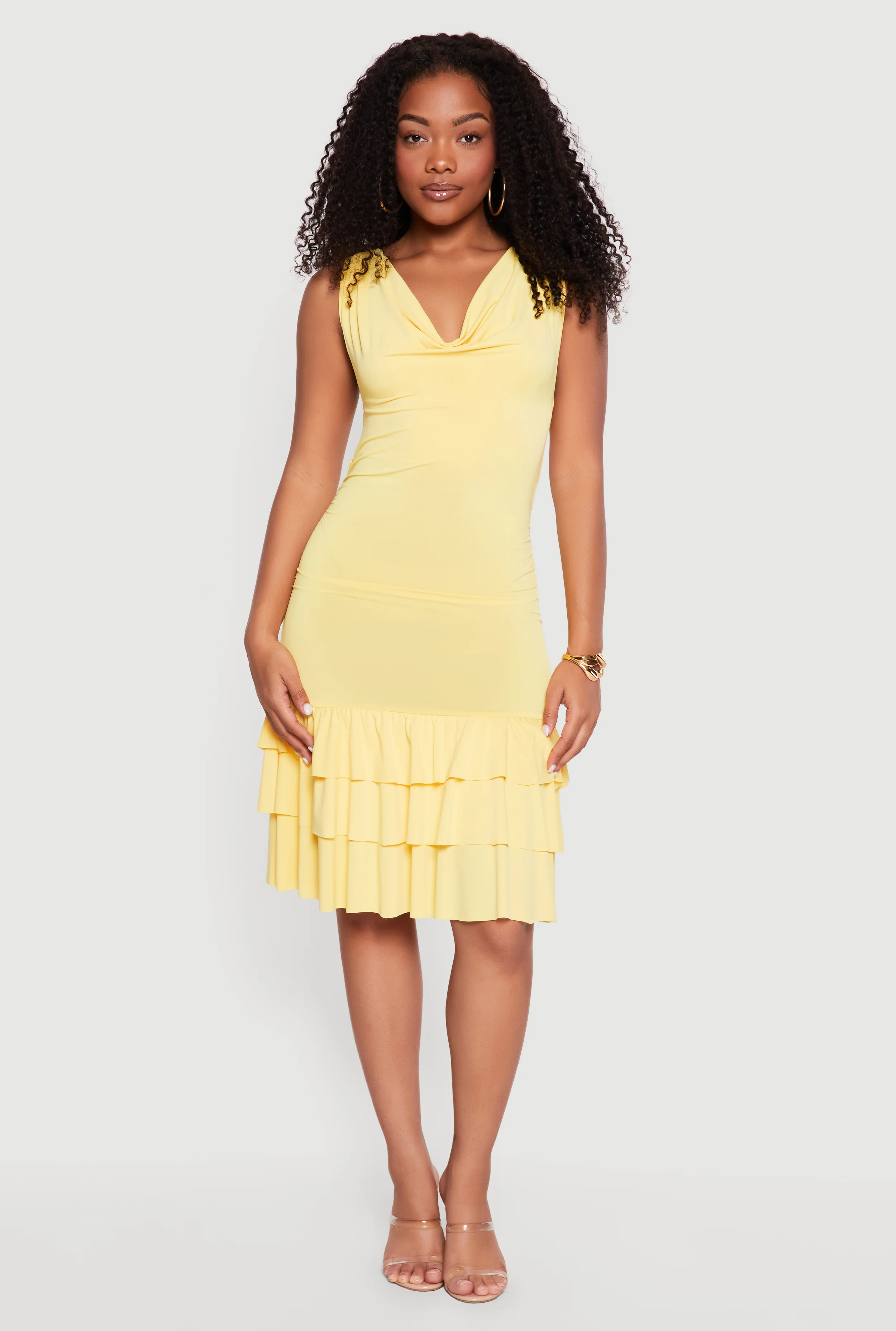 Cowl Halter Neck Tiered Ruffle Hem Midi Dress