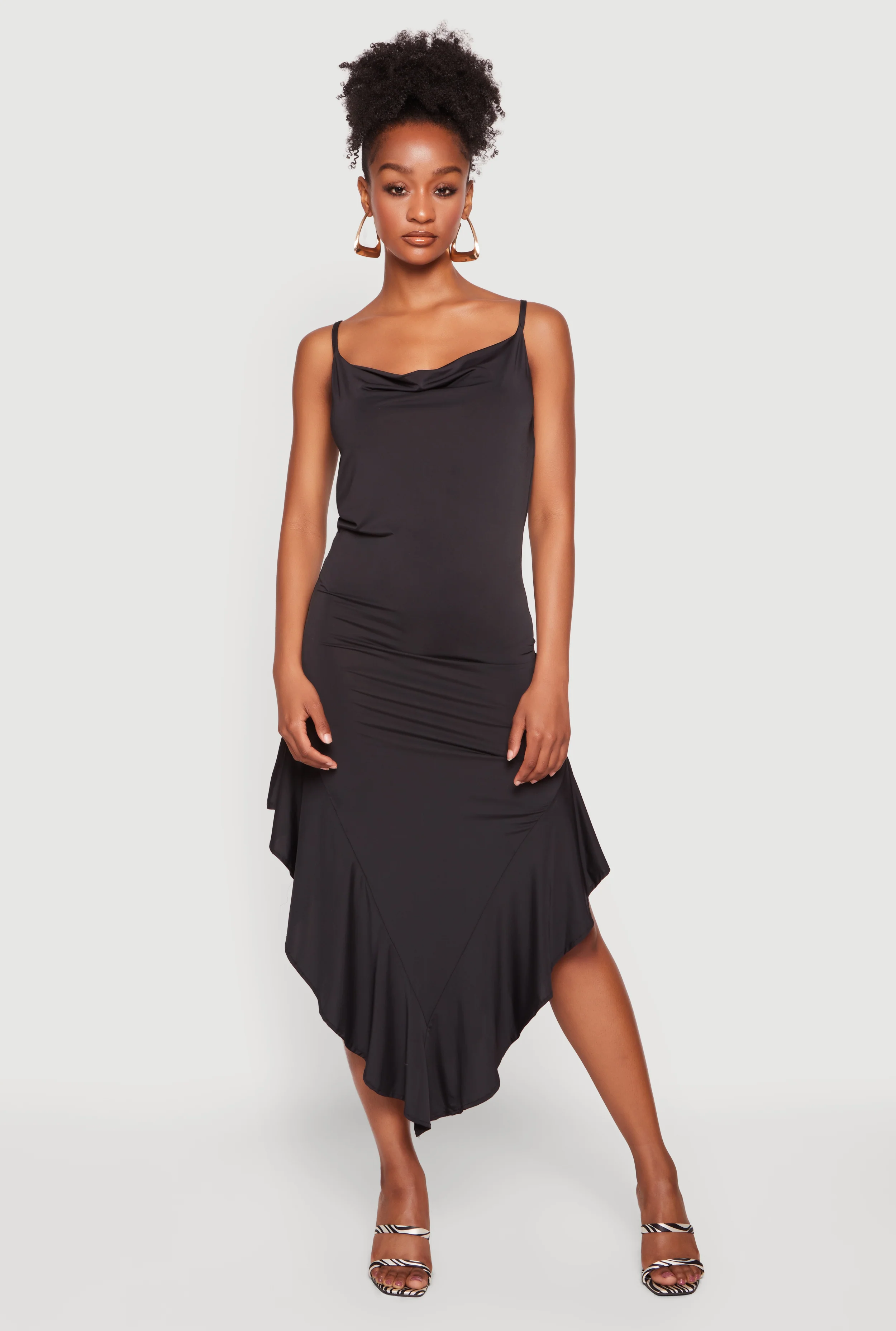 Cowl Neck Asymmetrical Ruffle Hem Maxi Dress