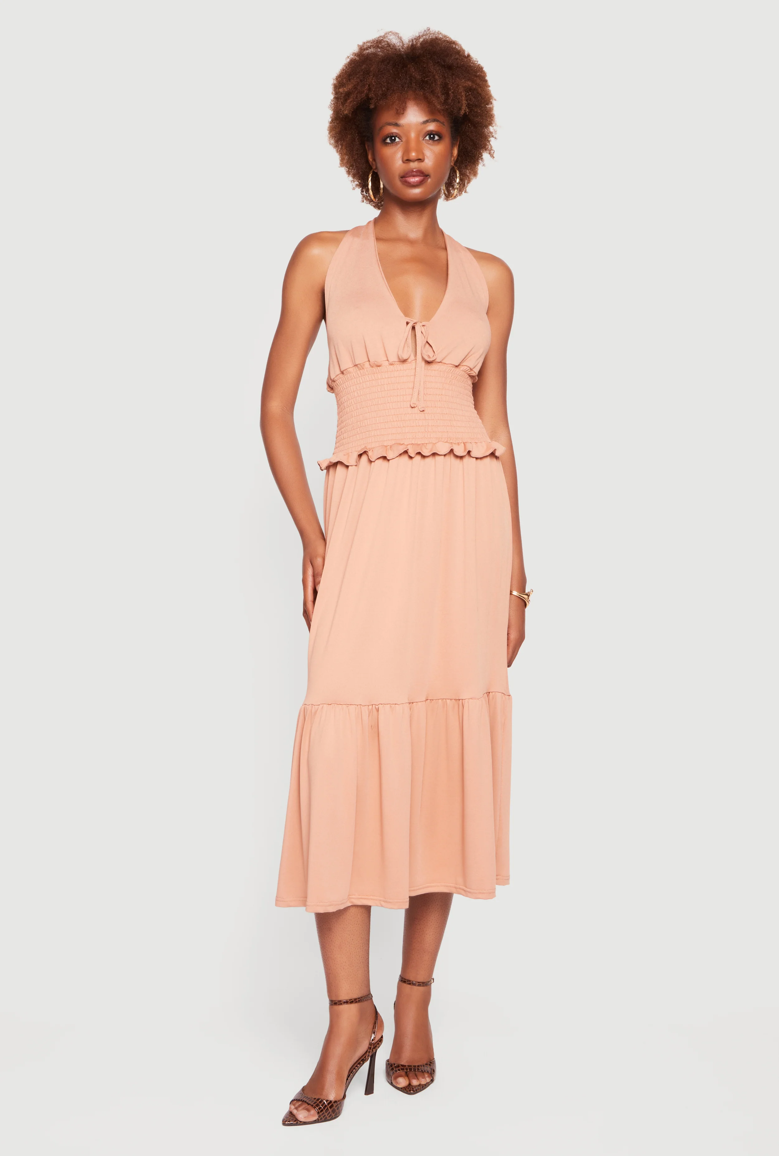 Smocked Waist Tie Back Halter Neck Midi Dress