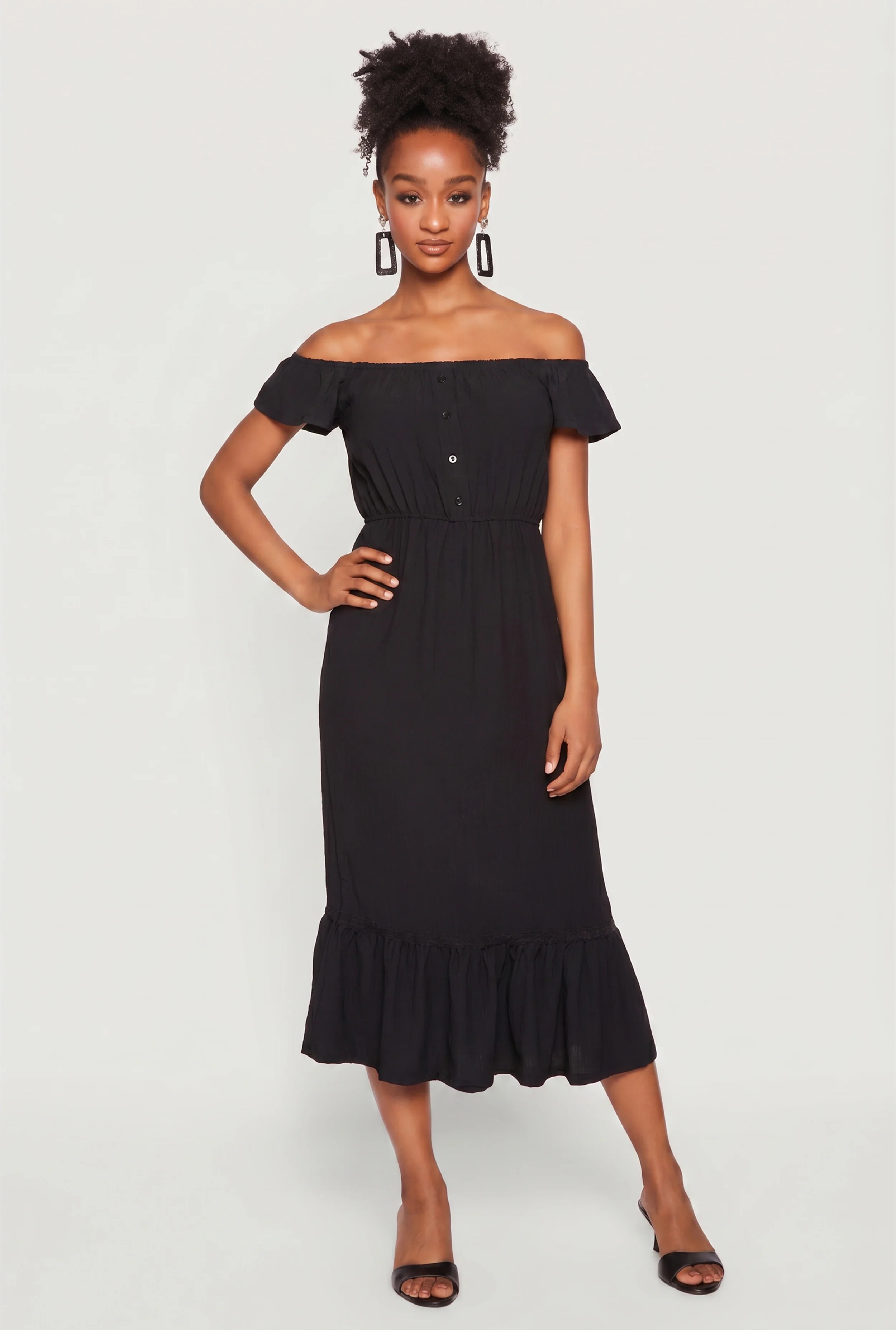 Ruffle Hem Off The Shoulder Midi Dress with Faux Buttons