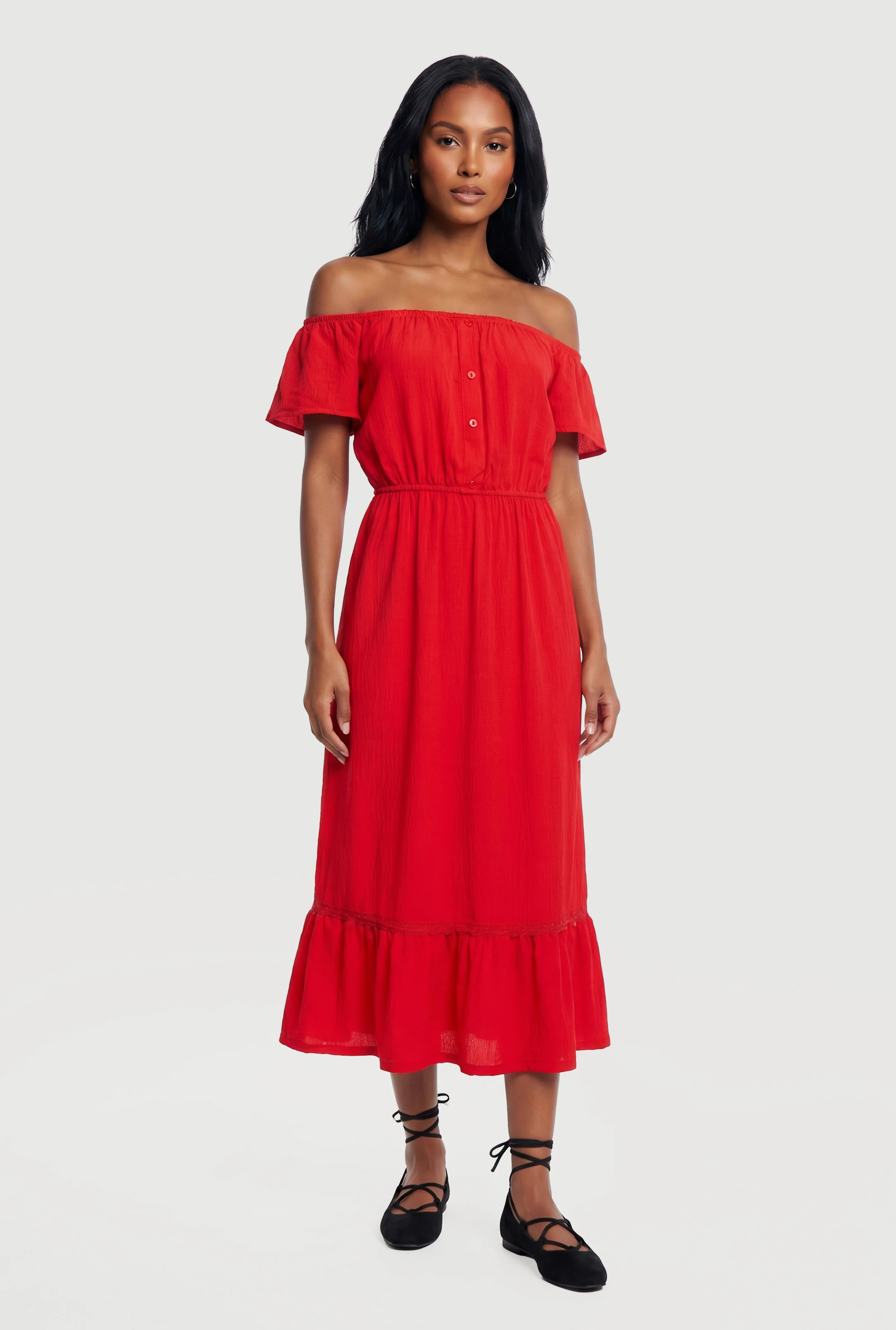 Ruffle Hem Off The Shoulder Midi Dress with Faux Buttons
