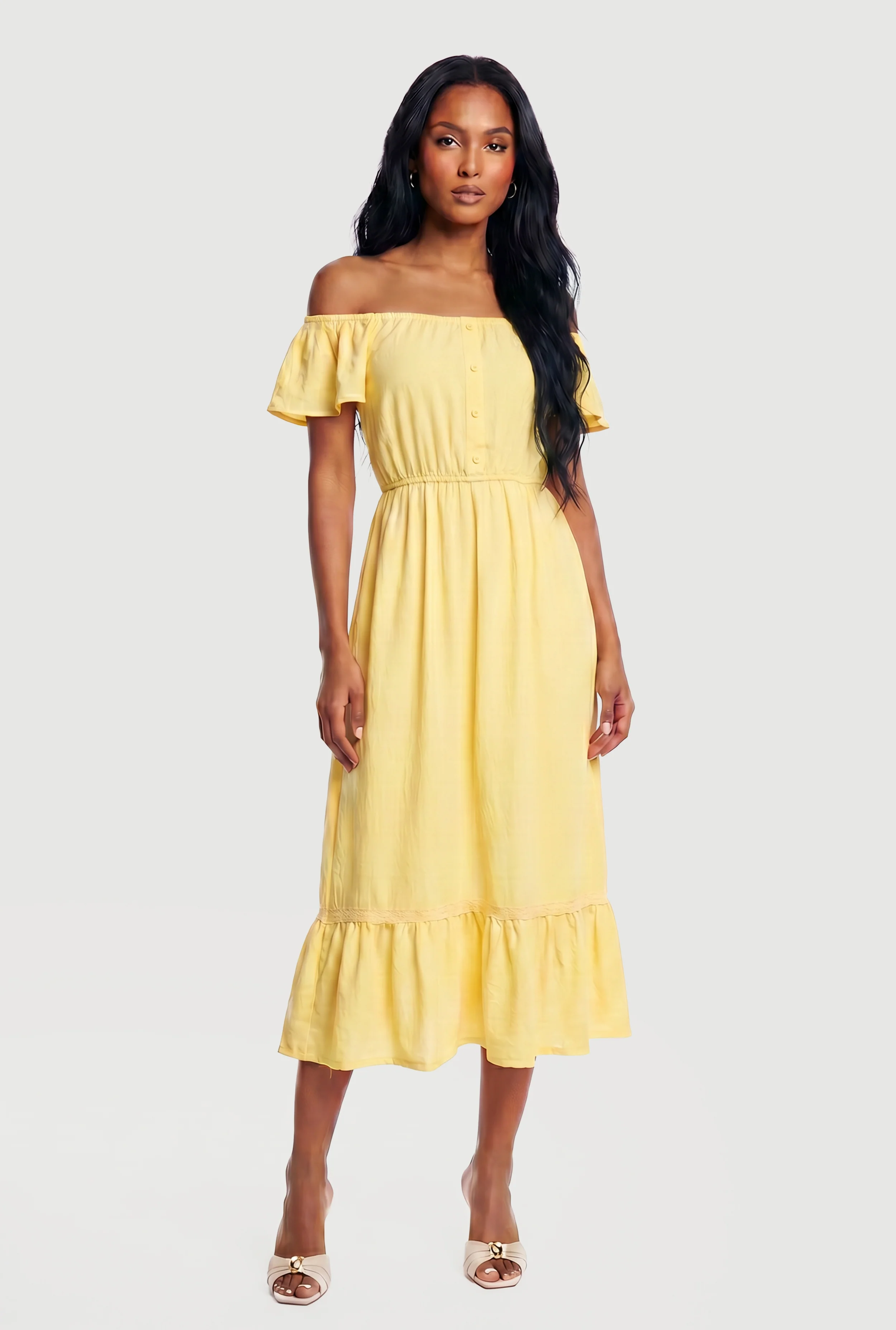 Ruffle Hem Off The Shoulder Midi Dress with Faux Buttons