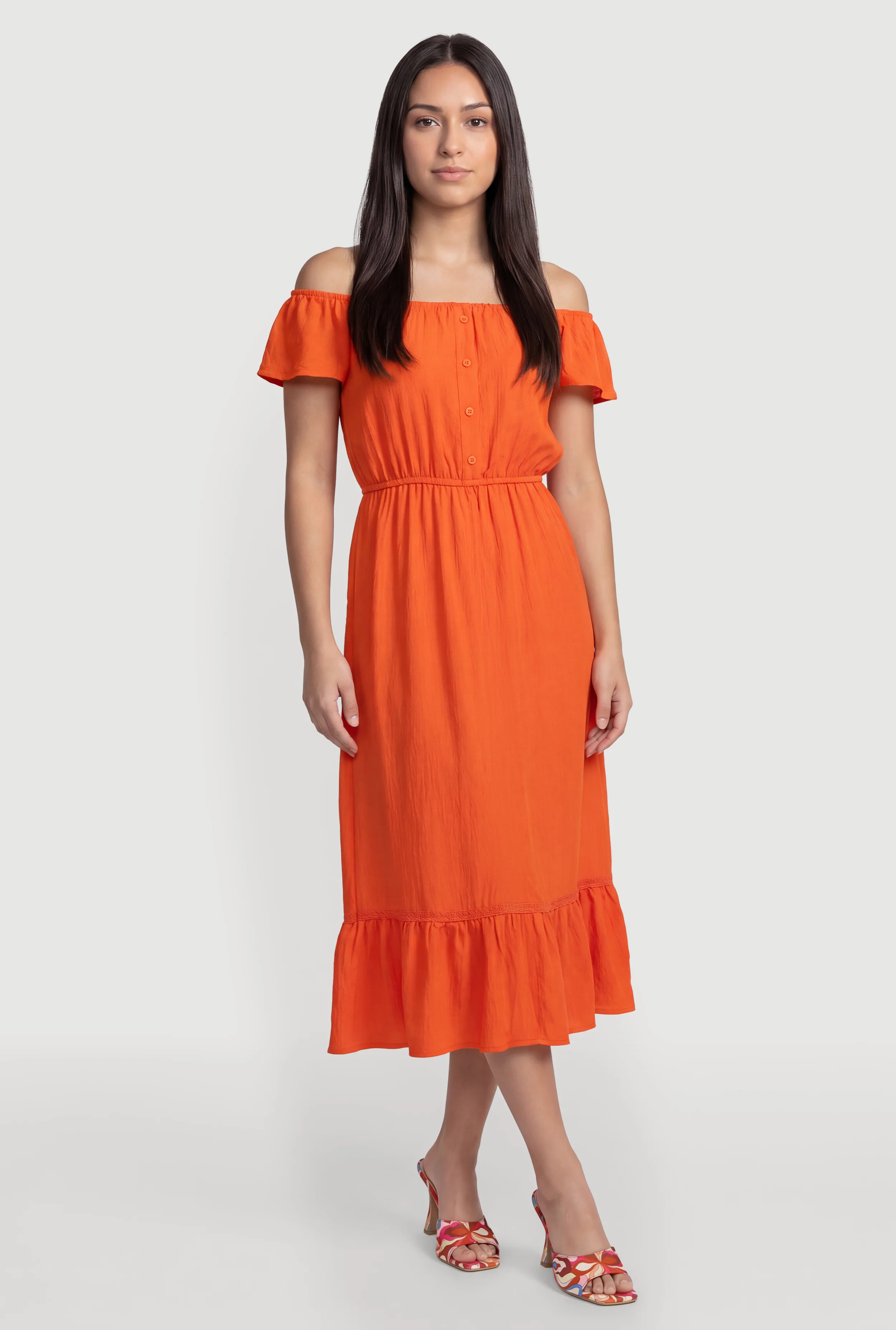 Ruffle Hem Off The Shoulder Midi Dress with Faux Buttons