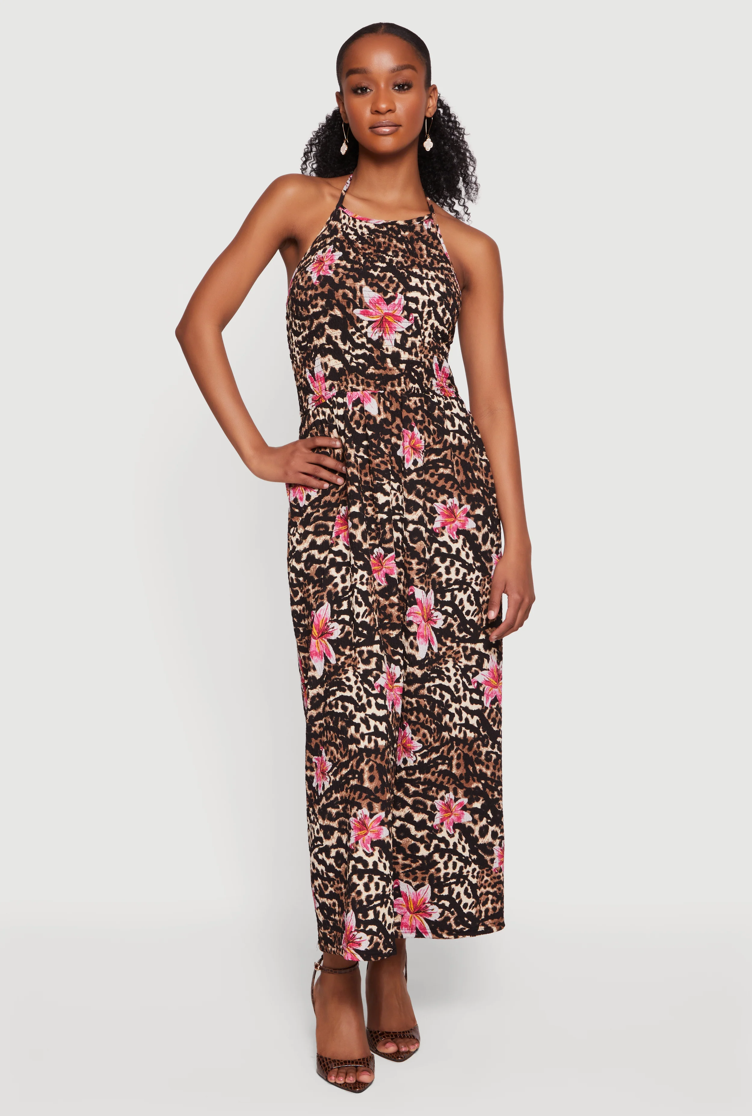 Floral Leopard Print Tie Back Halter Dress with Keyhole Back