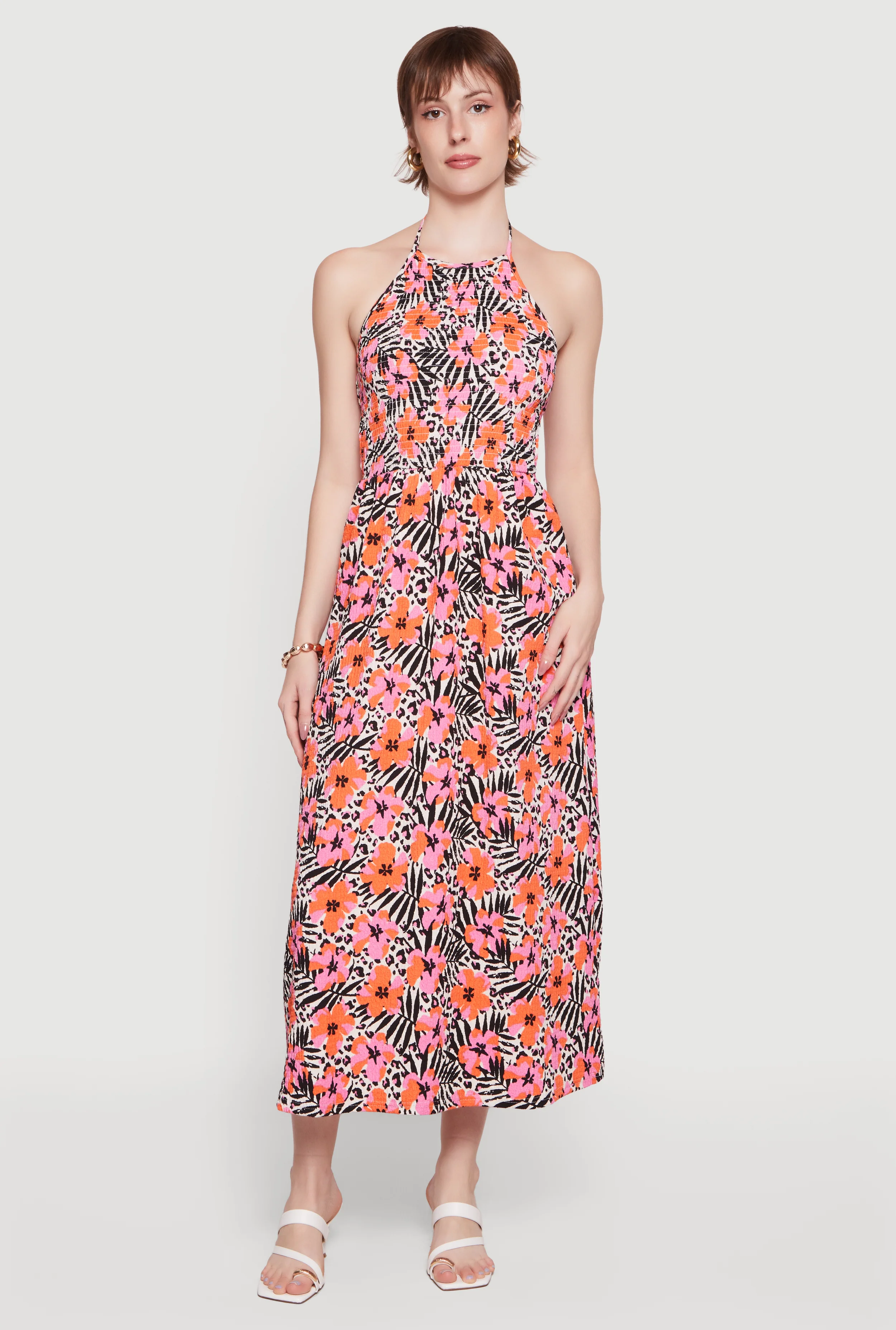 Floral Animal Print Textured Knit Halter Maxi Dress