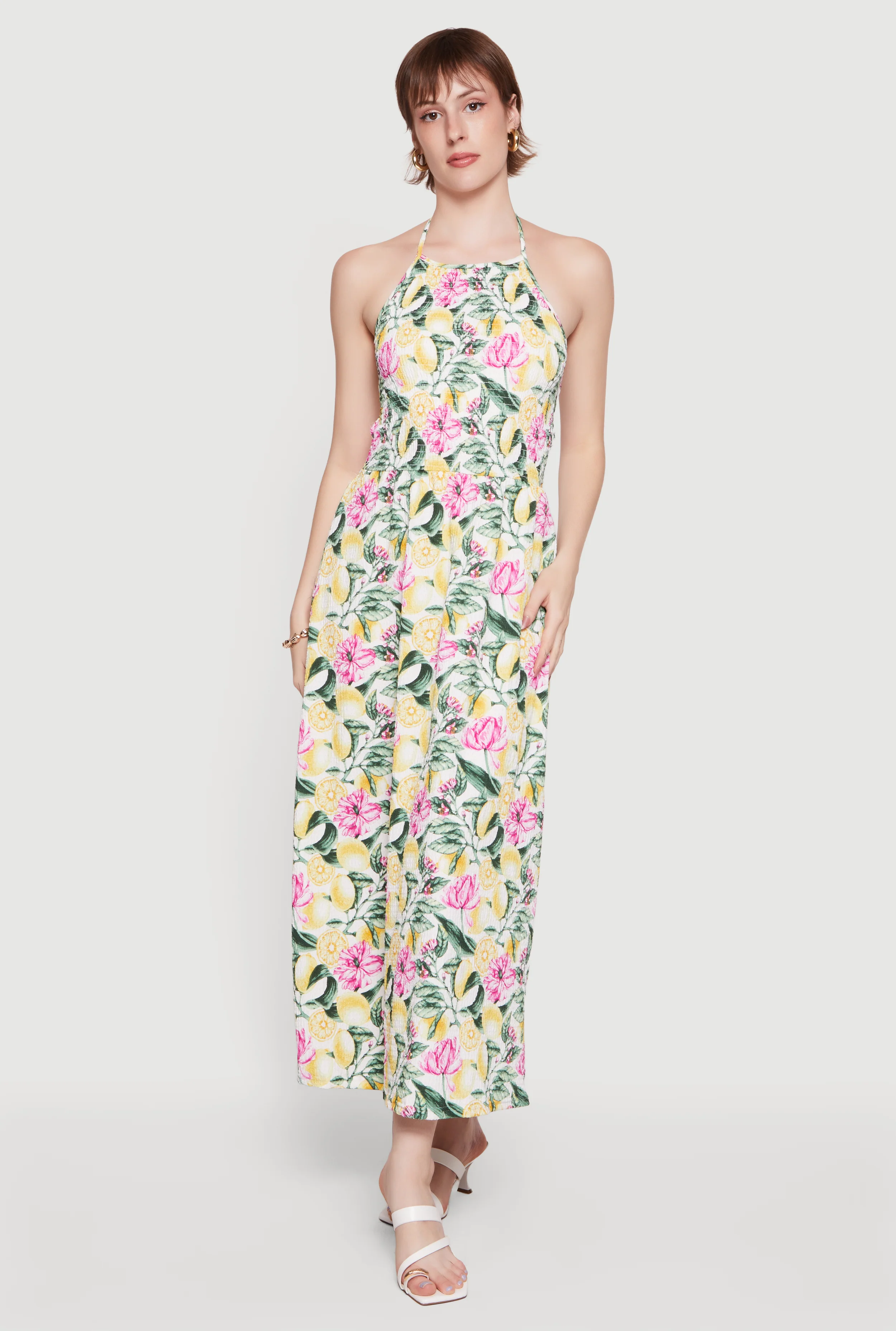 Floral Lemon Print Tie Back Halter Dress with Keyhole Back