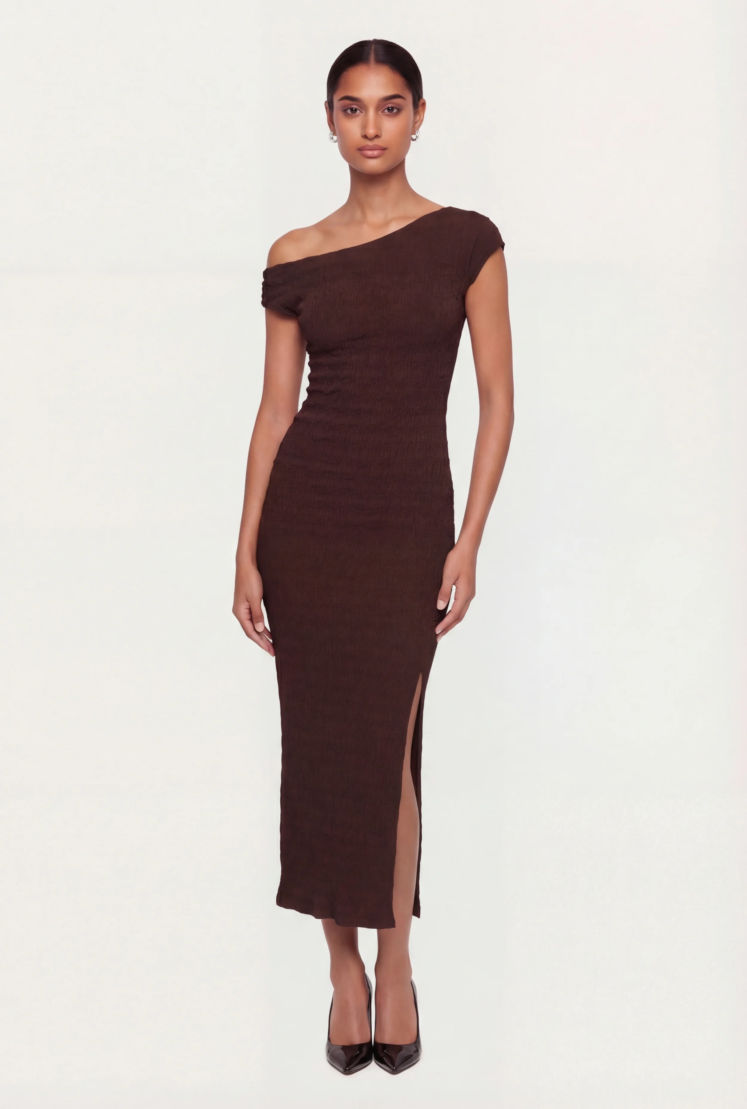 Ruched One Shoulder Textured Knit Midi Dress