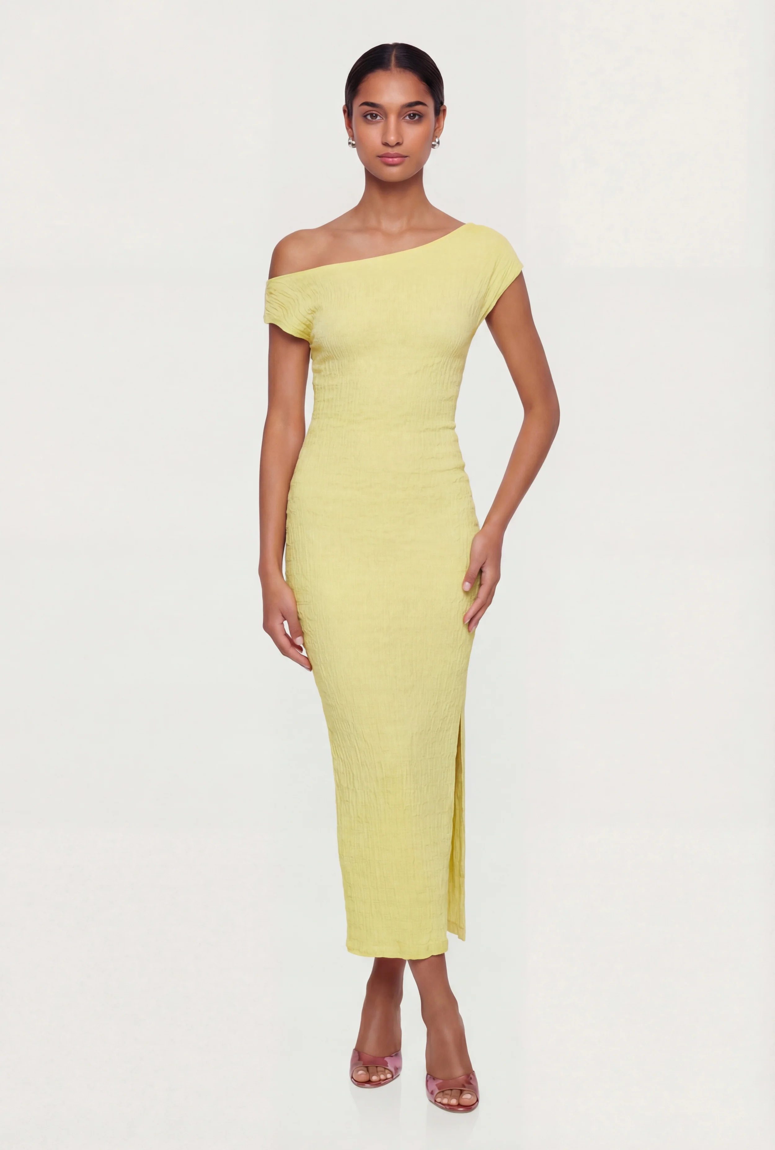 Ruched One Shoulder Textured Knit Midi Dress