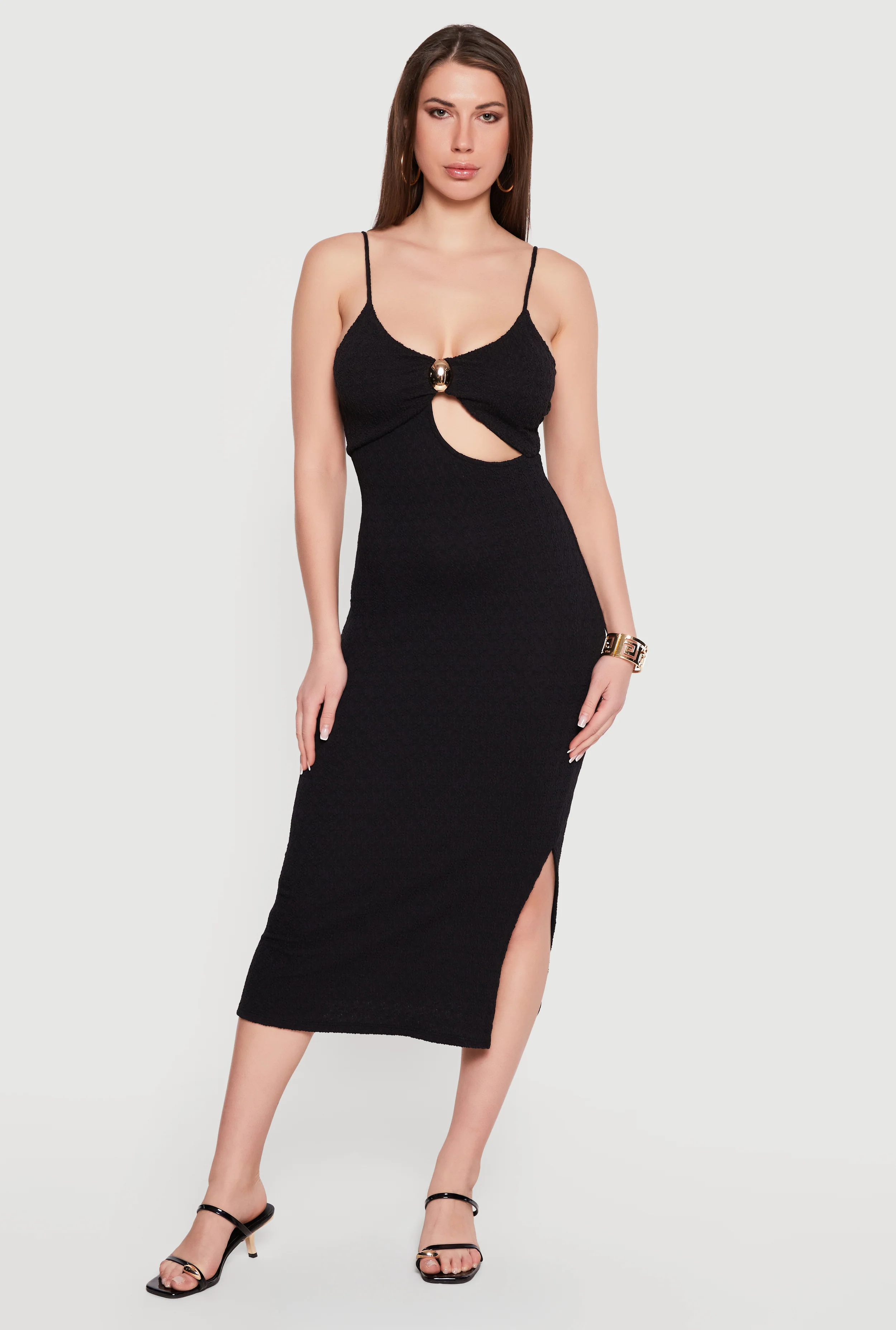 Keyhole Metallic Detail Midi Cami Dress with Side Slit