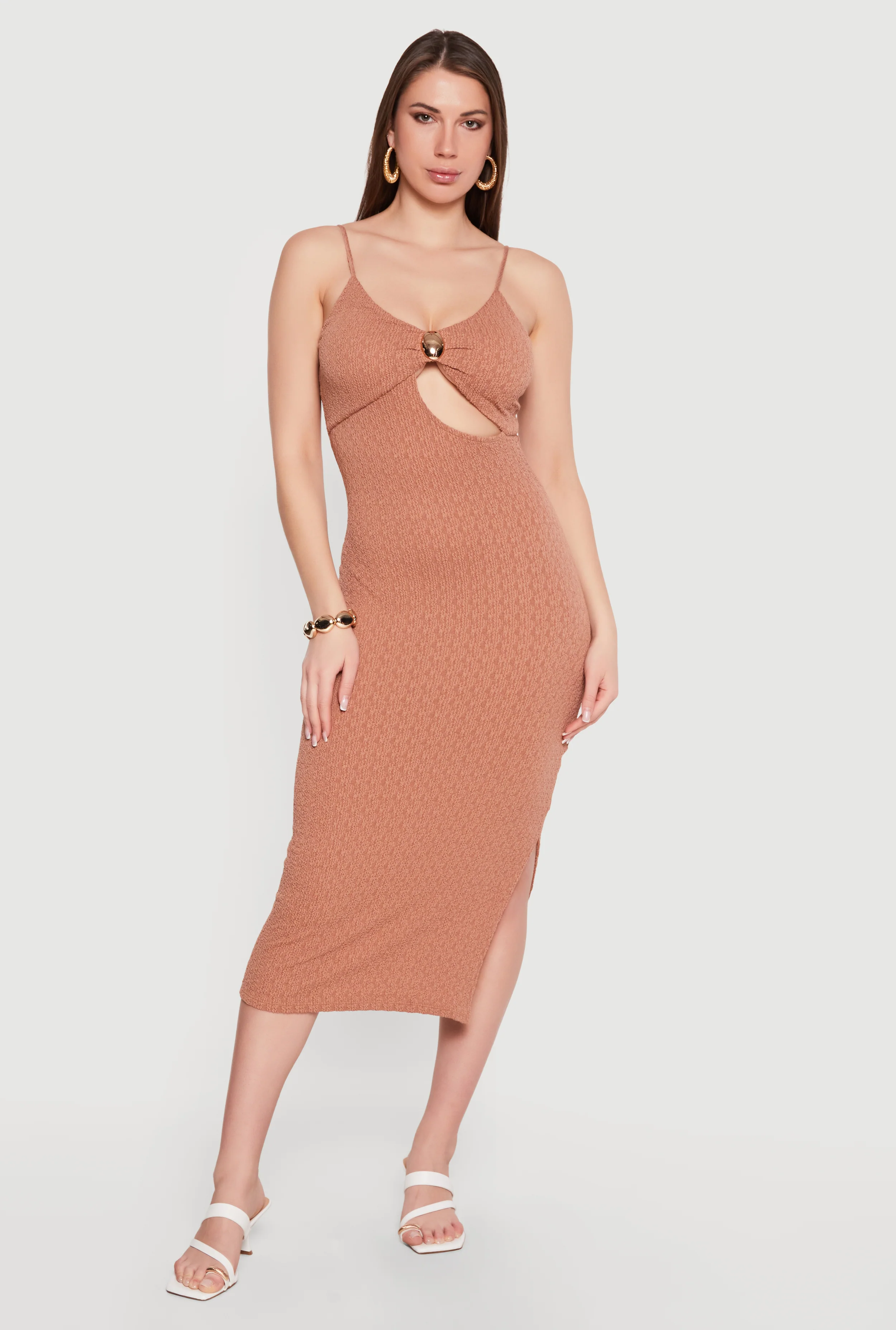 Keyhole Metallic Detail Midi Cami Dress with Side Slit