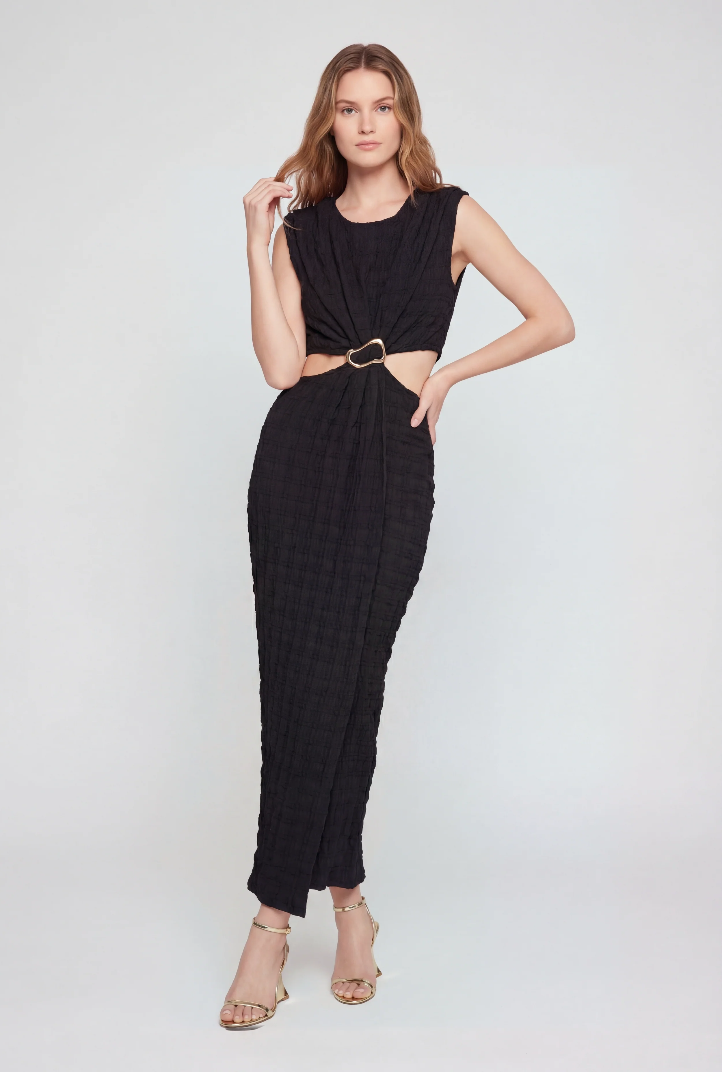 Textured Knit Metallic Buckle Cutout Side Maxi Dress