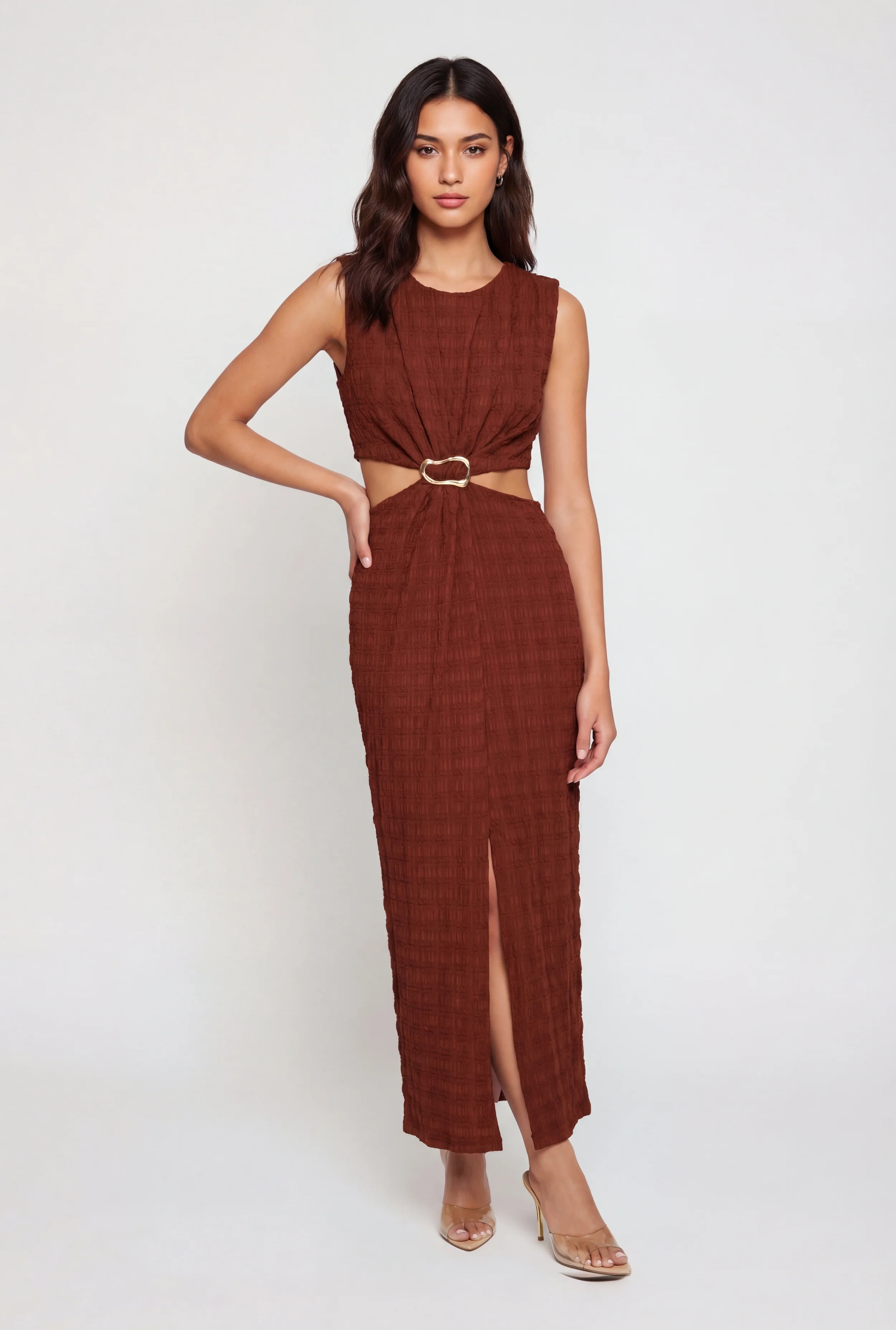 Textured Knit Metallic Buckle Cutout Side Maxi Dress