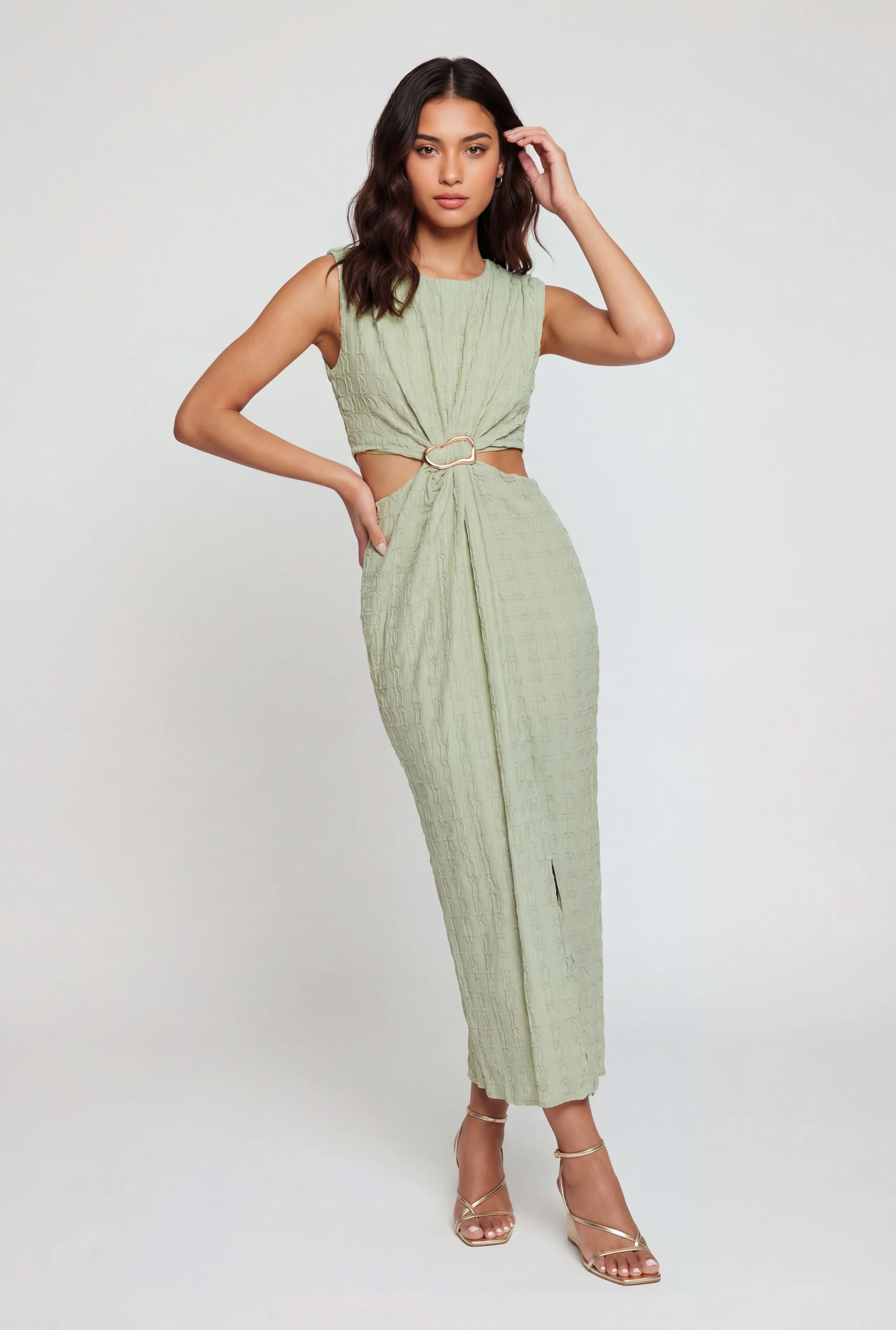 Textured Knit Metallic Buckle Cutout Side Maxi Dress