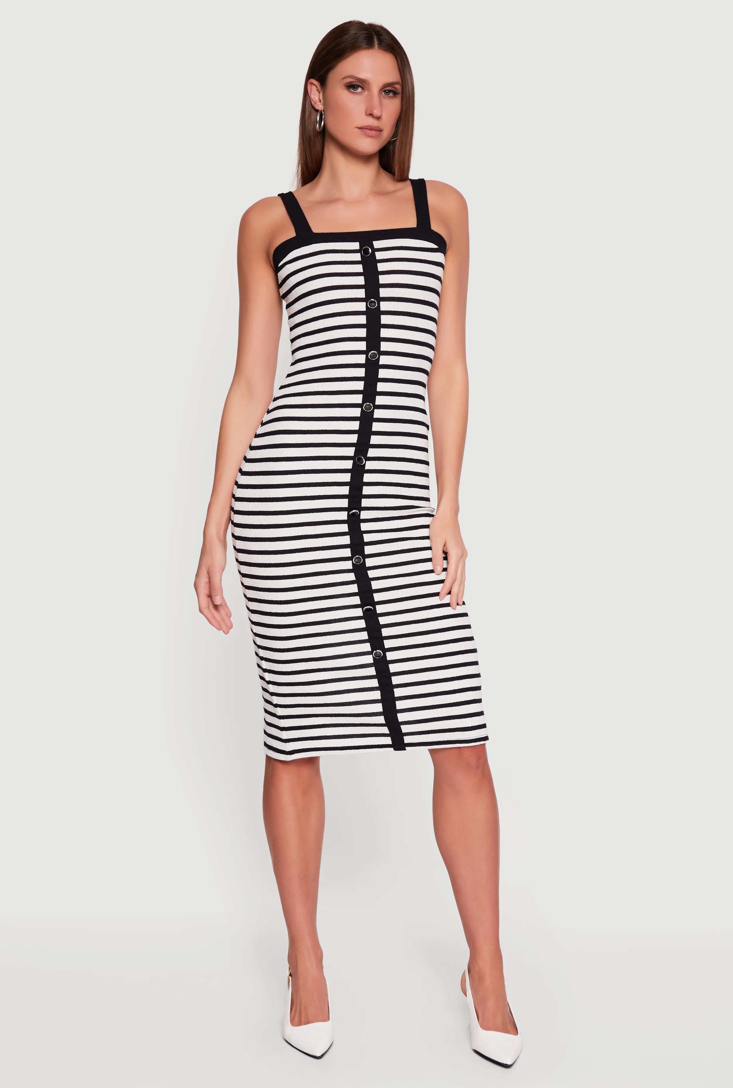 Square Neck Faux Button Striped Midi Dress