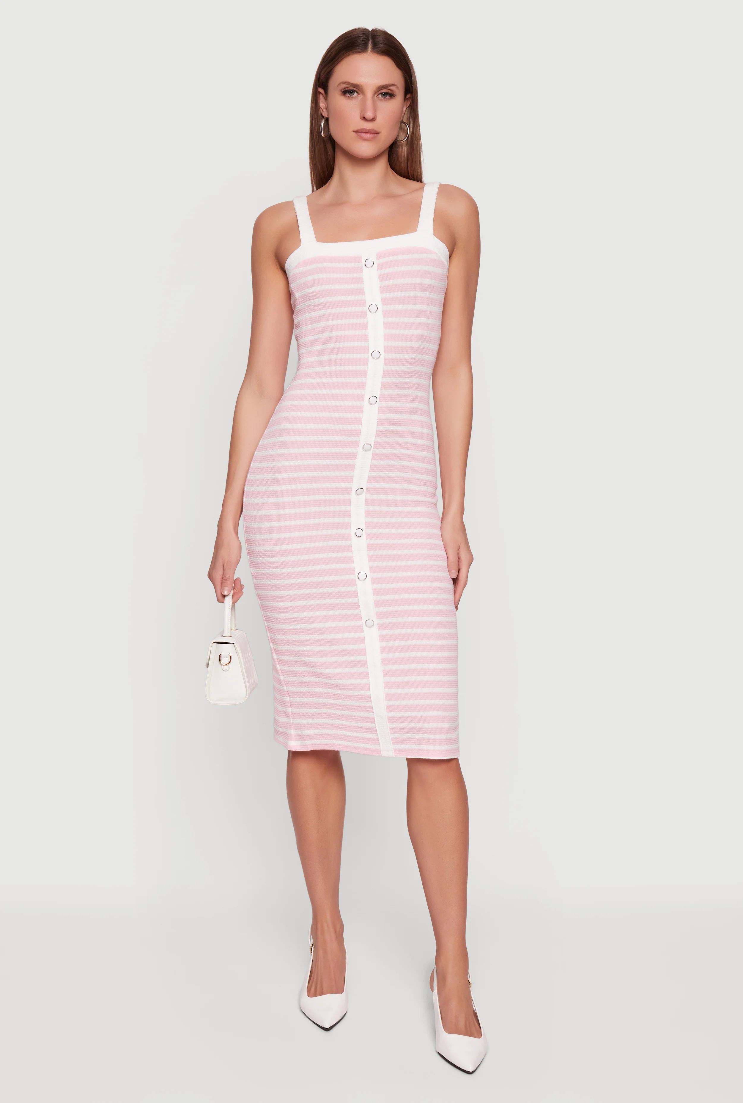 Square Neck Faux Button Striped Midi Dress