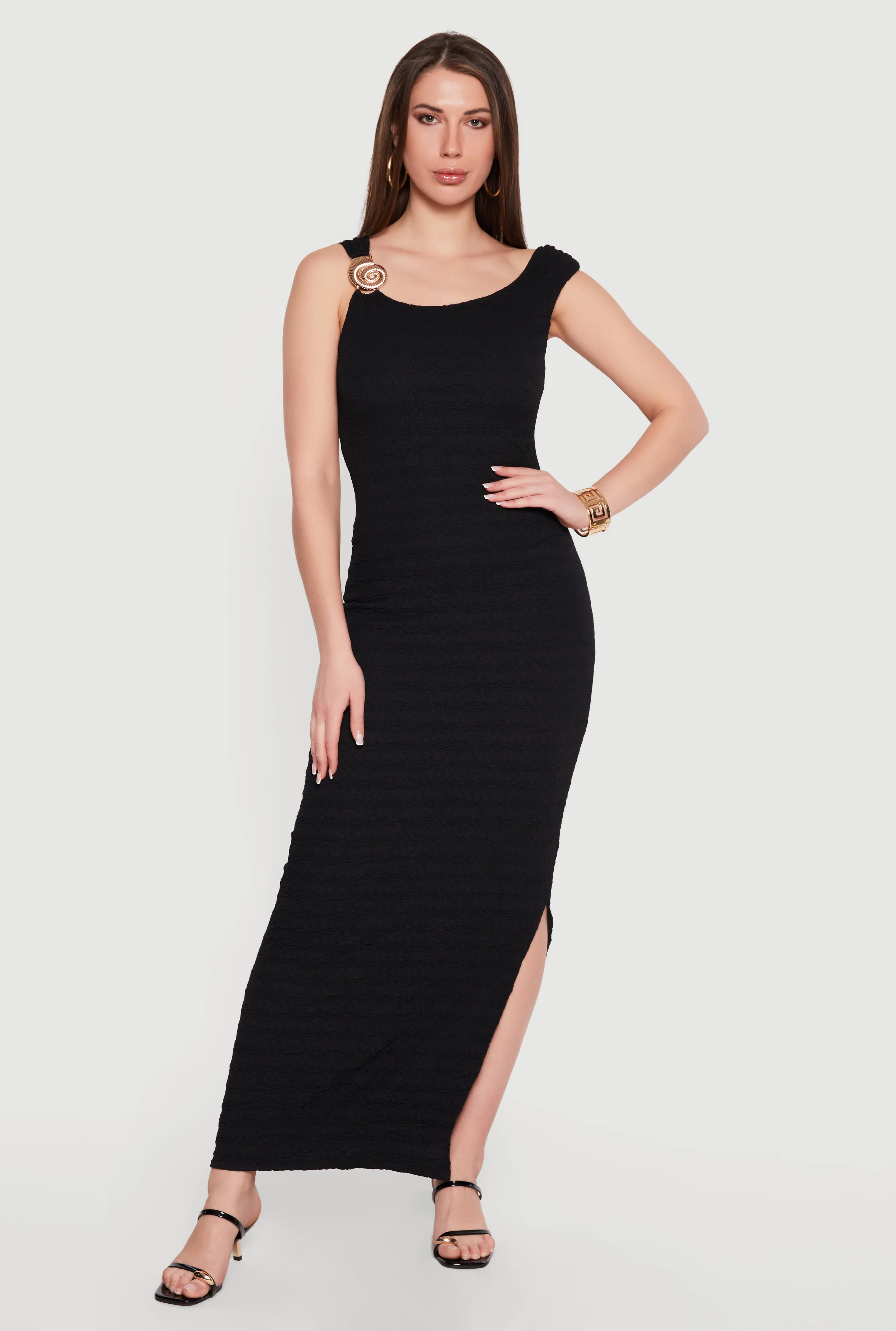 Seashell Metallic Detail Side Slit Maxi Dress