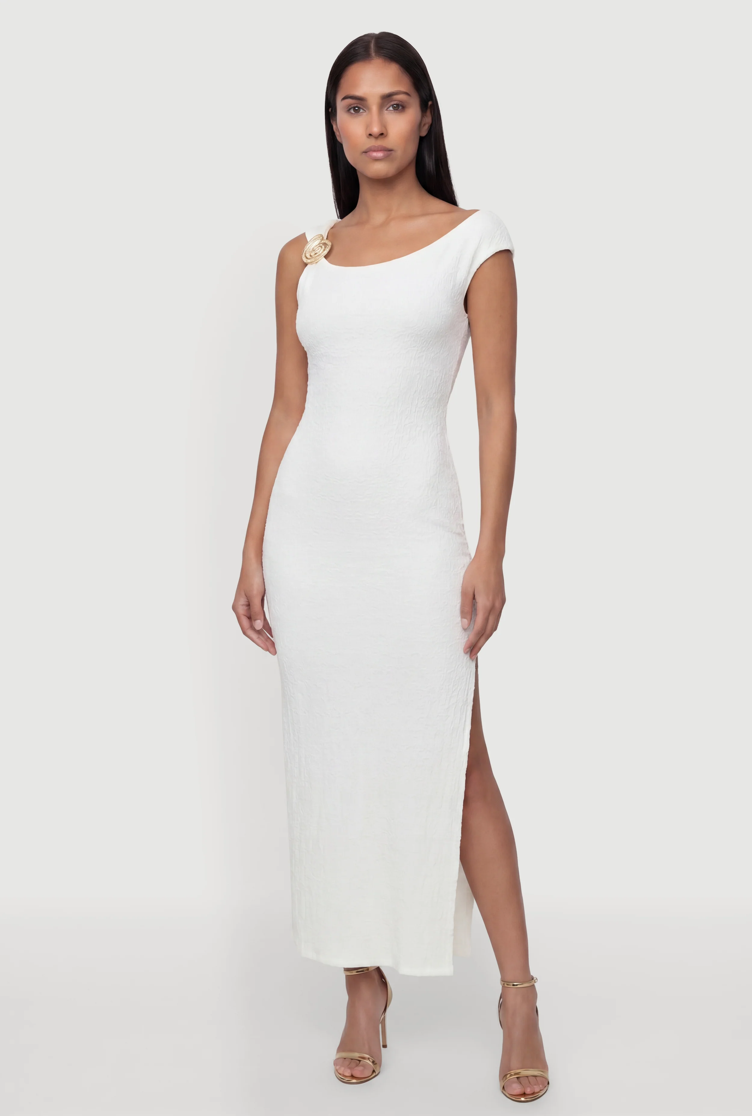 Seashell Metallic Detail Side Slit Maxi Dress