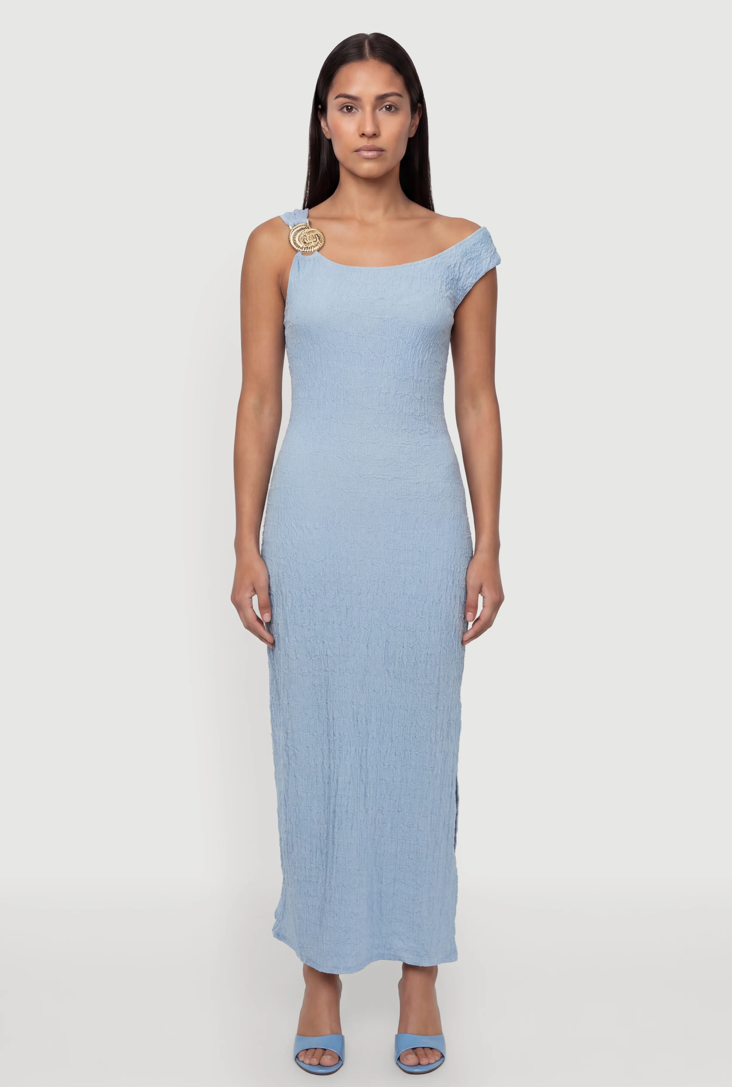 Seashell Metallic Detail Side Slit Maxi Dress