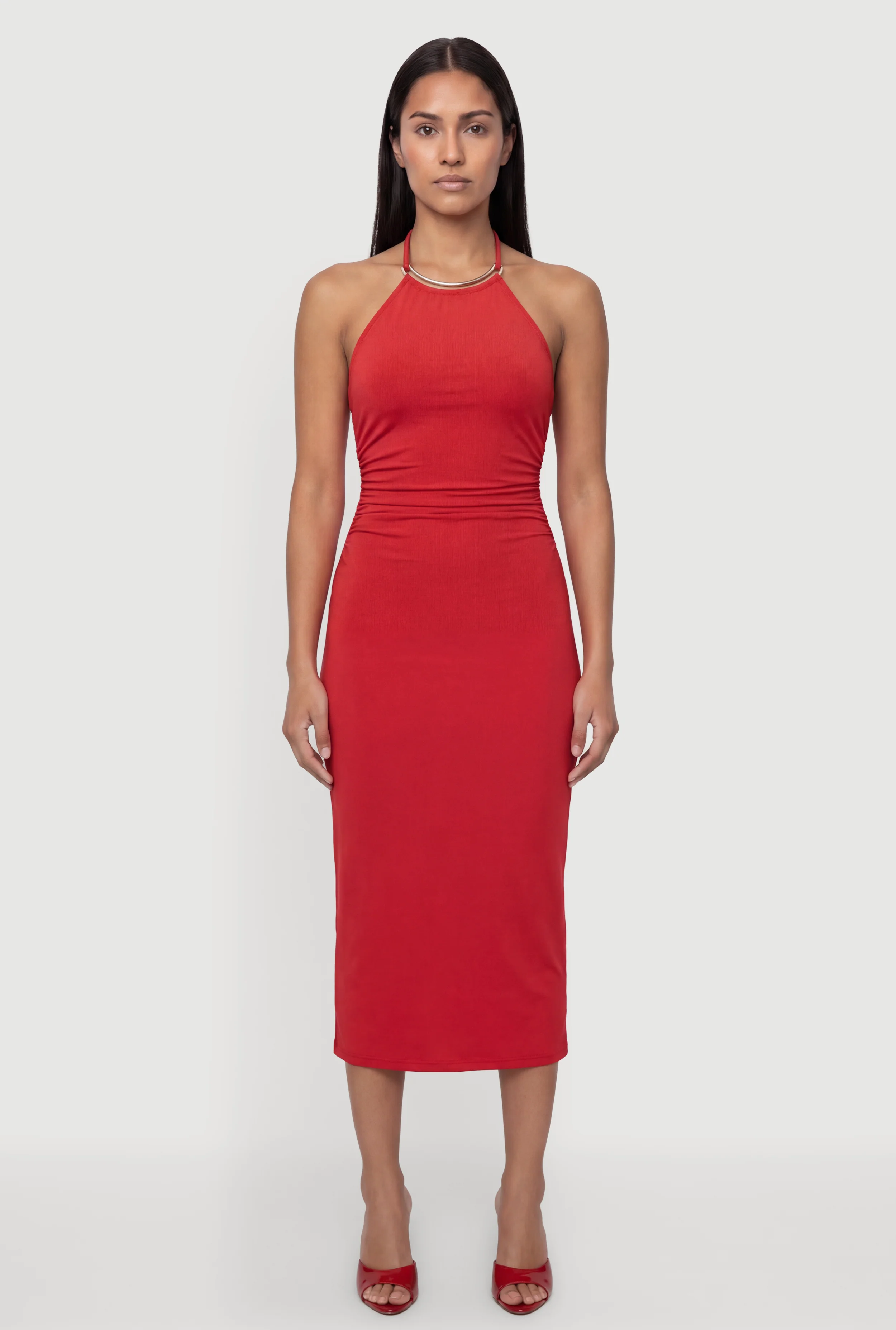 Metallic Neck Detail Side Ruched Midi Dress