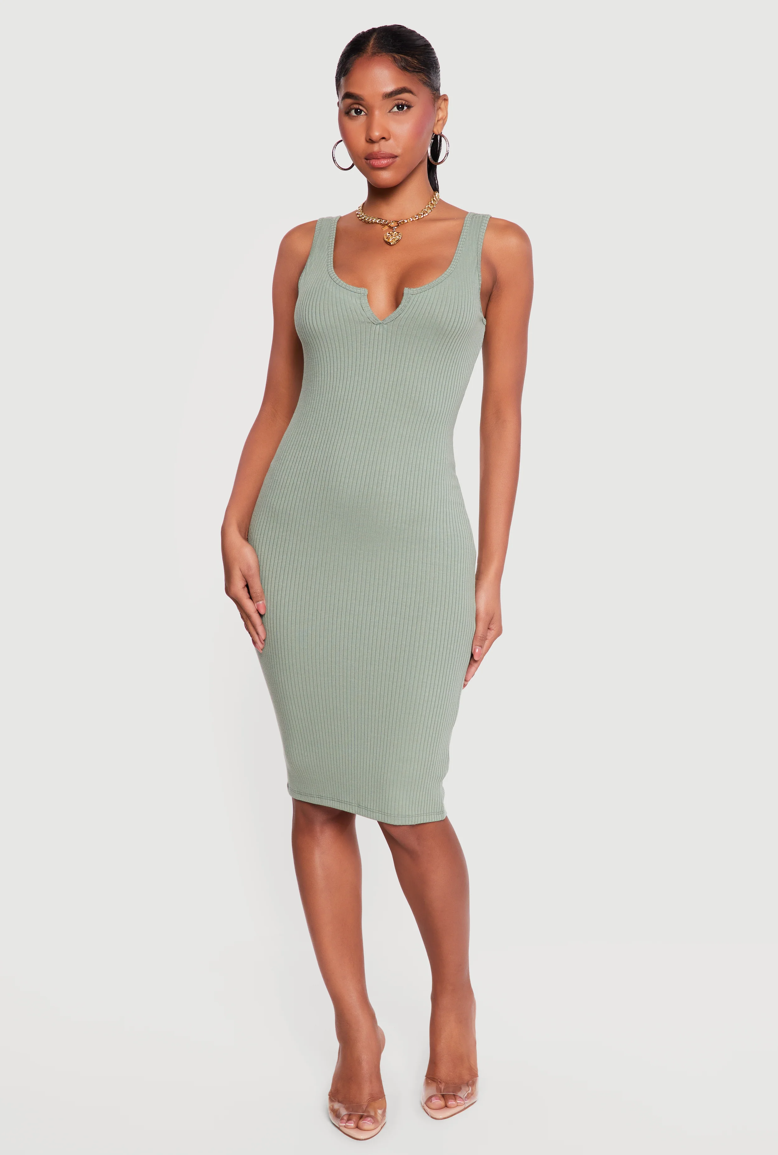 Rib Knit Notch Neck Tank Midi Dress