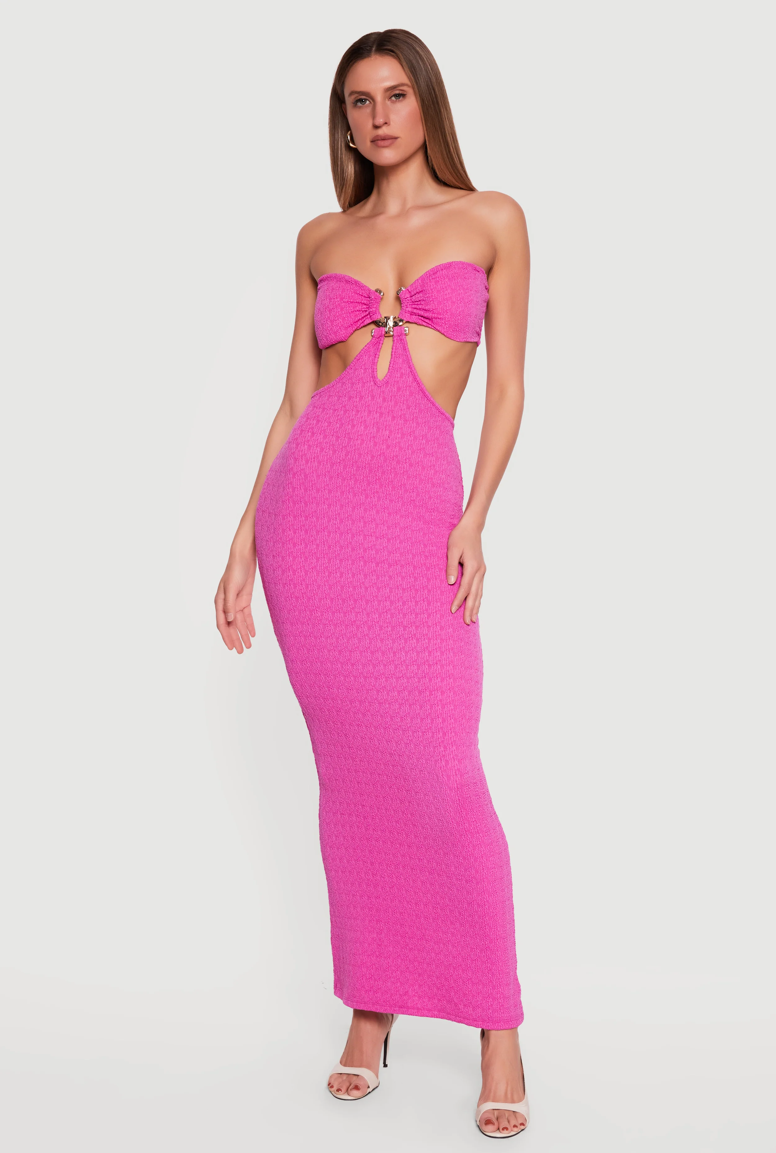Metallic Pendant Textured Knit Tube Maxi Dress