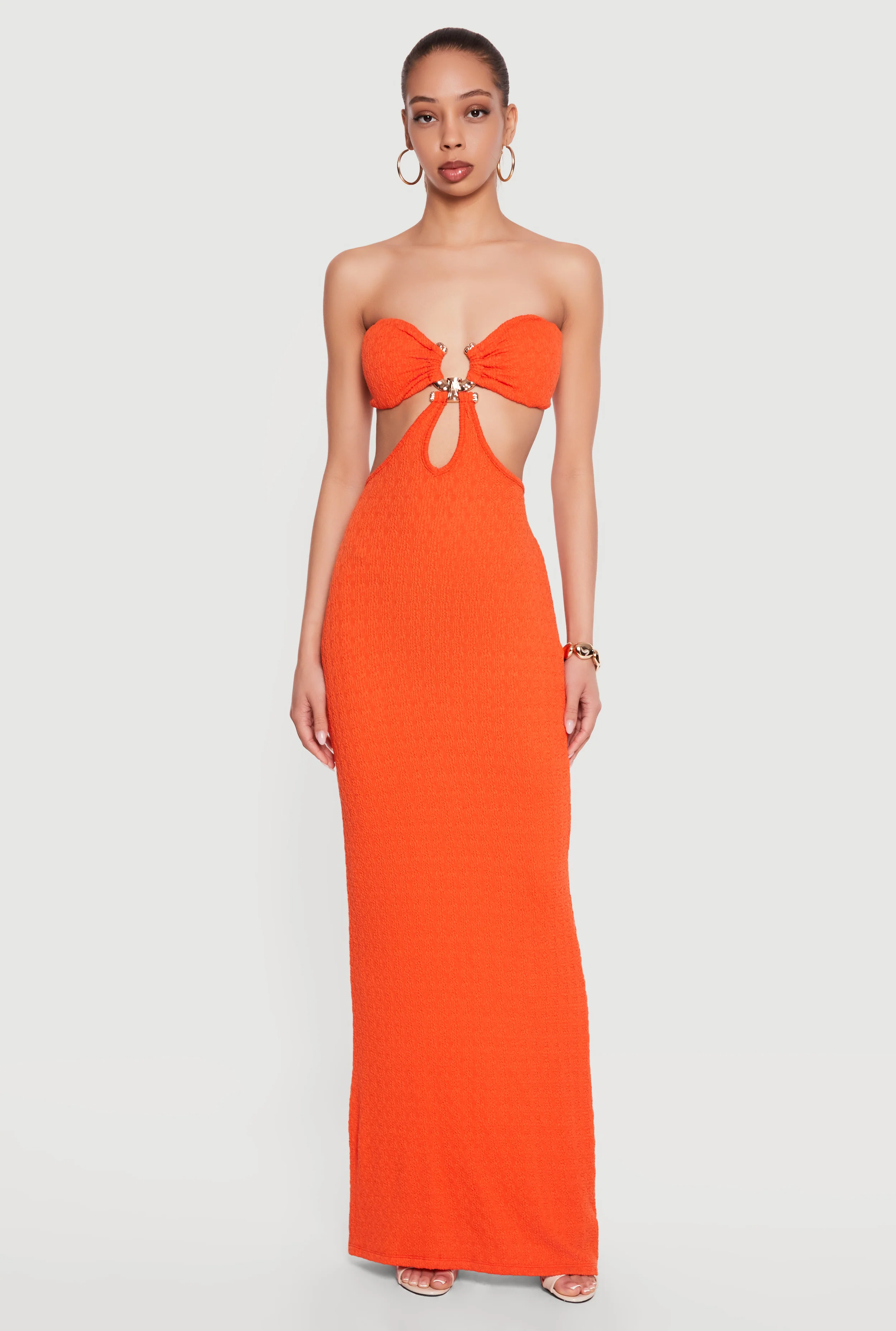 Metallic Pendant Textured Knit Tube Maxi Dress