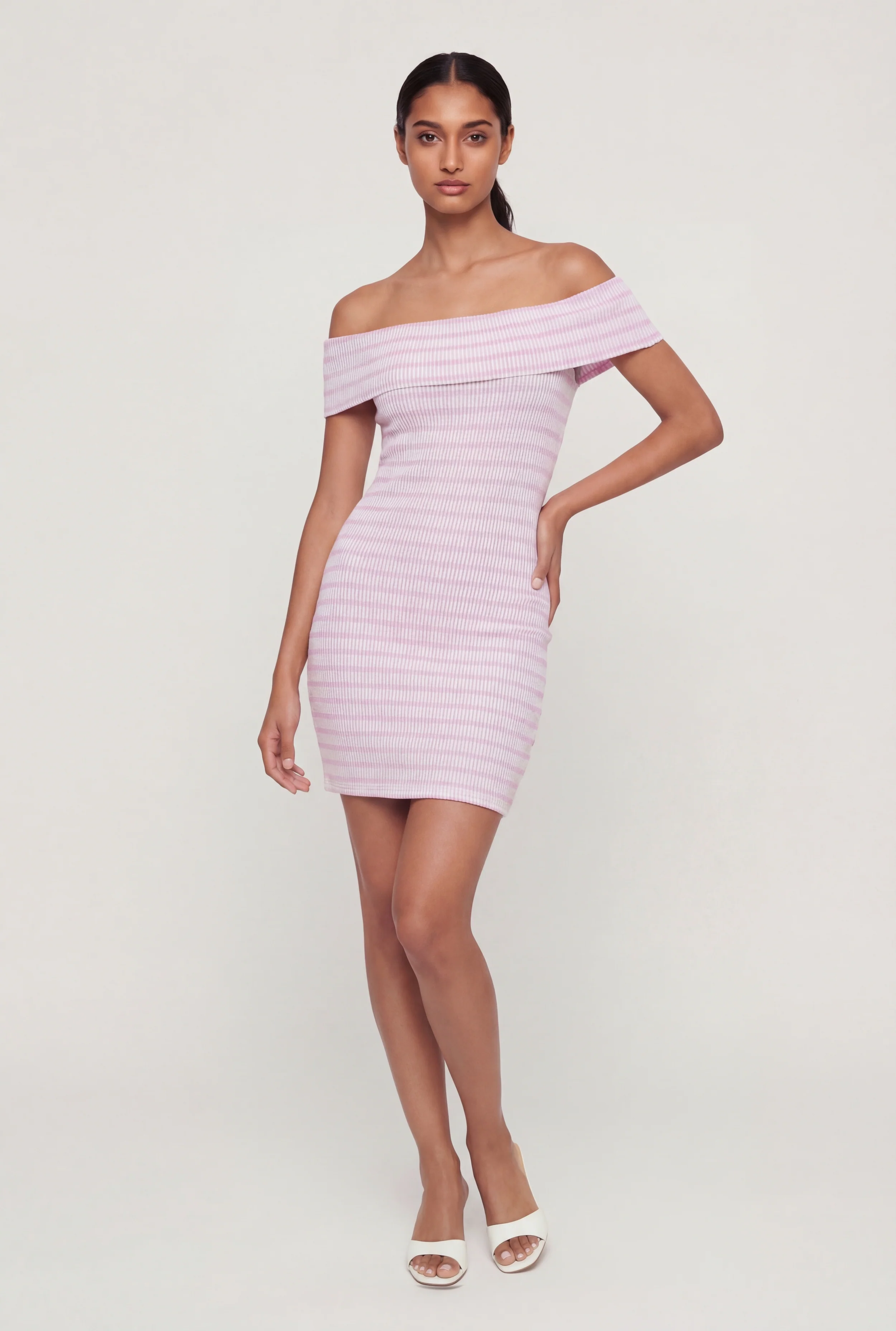 Striped Rib Knit Fold Over Off The Shoulder Mini Dress