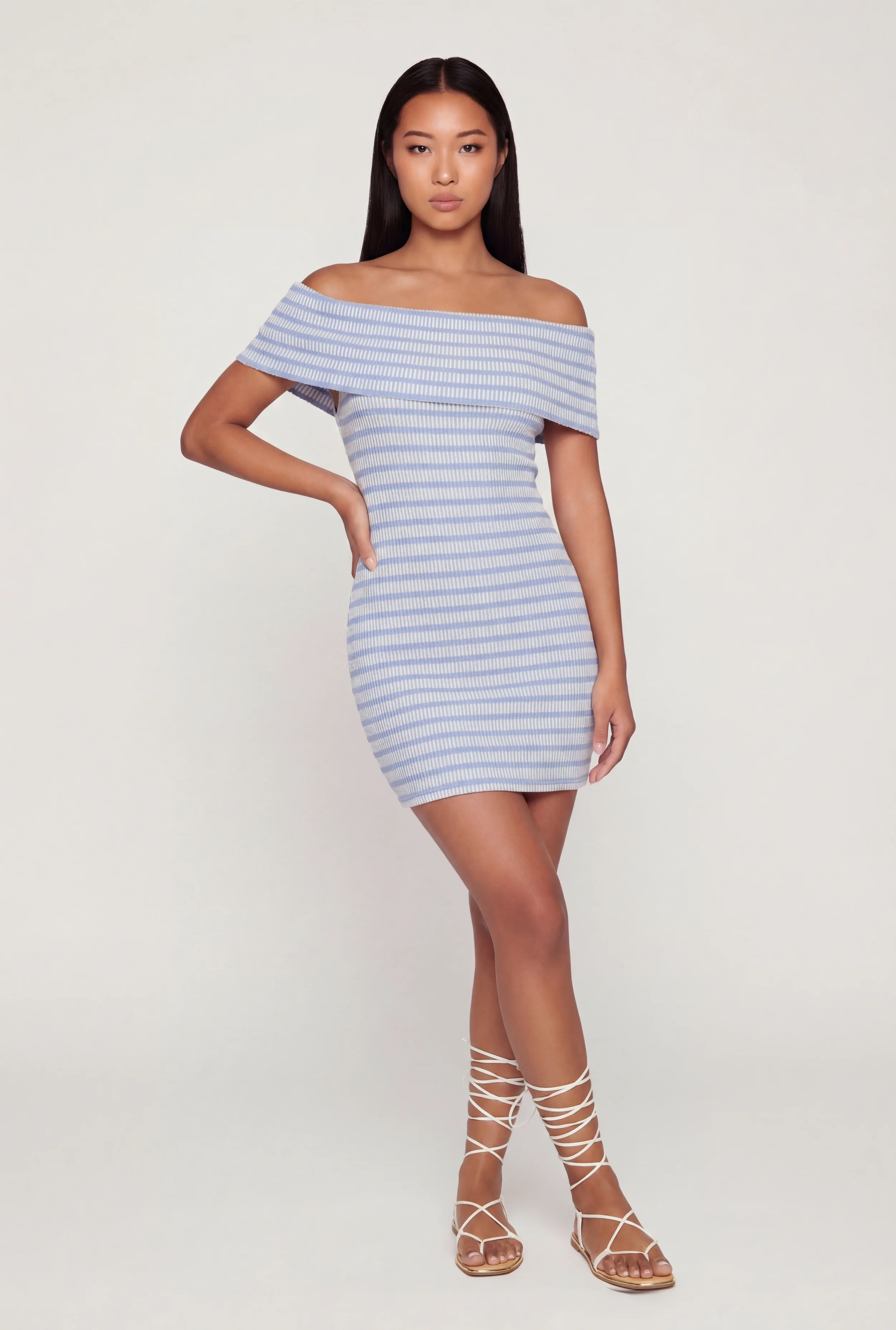 Striped Rib Knit Fold Over Off The Shoulder Mini Dress