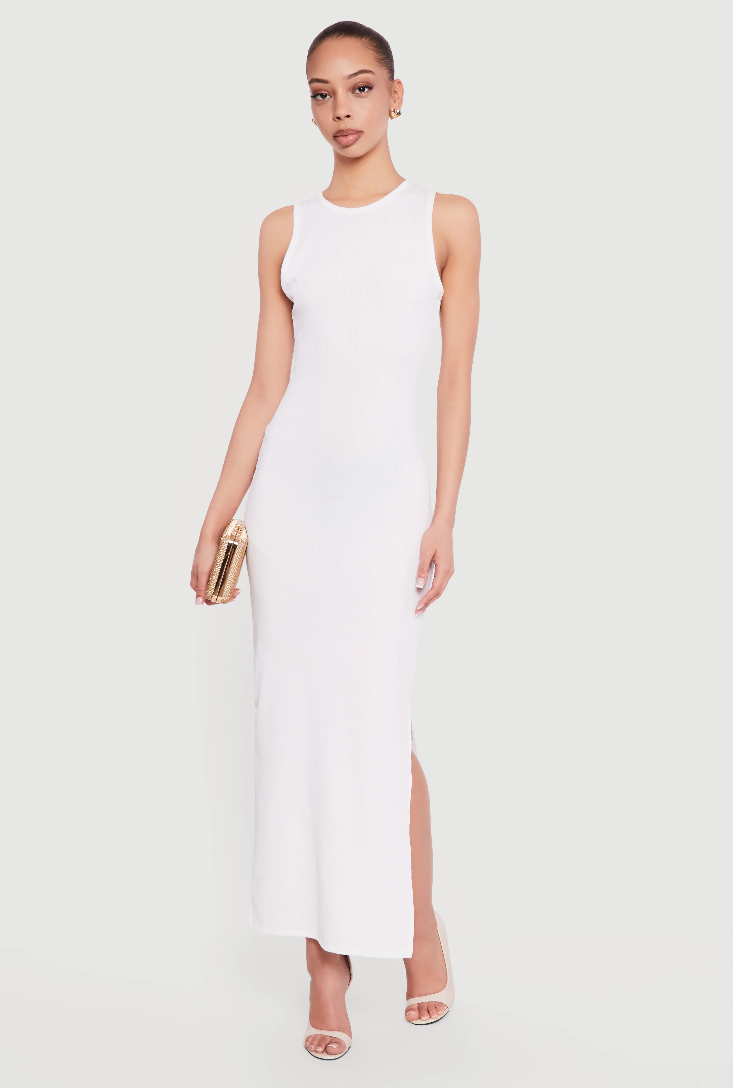 Sleeveless Ribbed Knit Crew Neck Maxi Dress