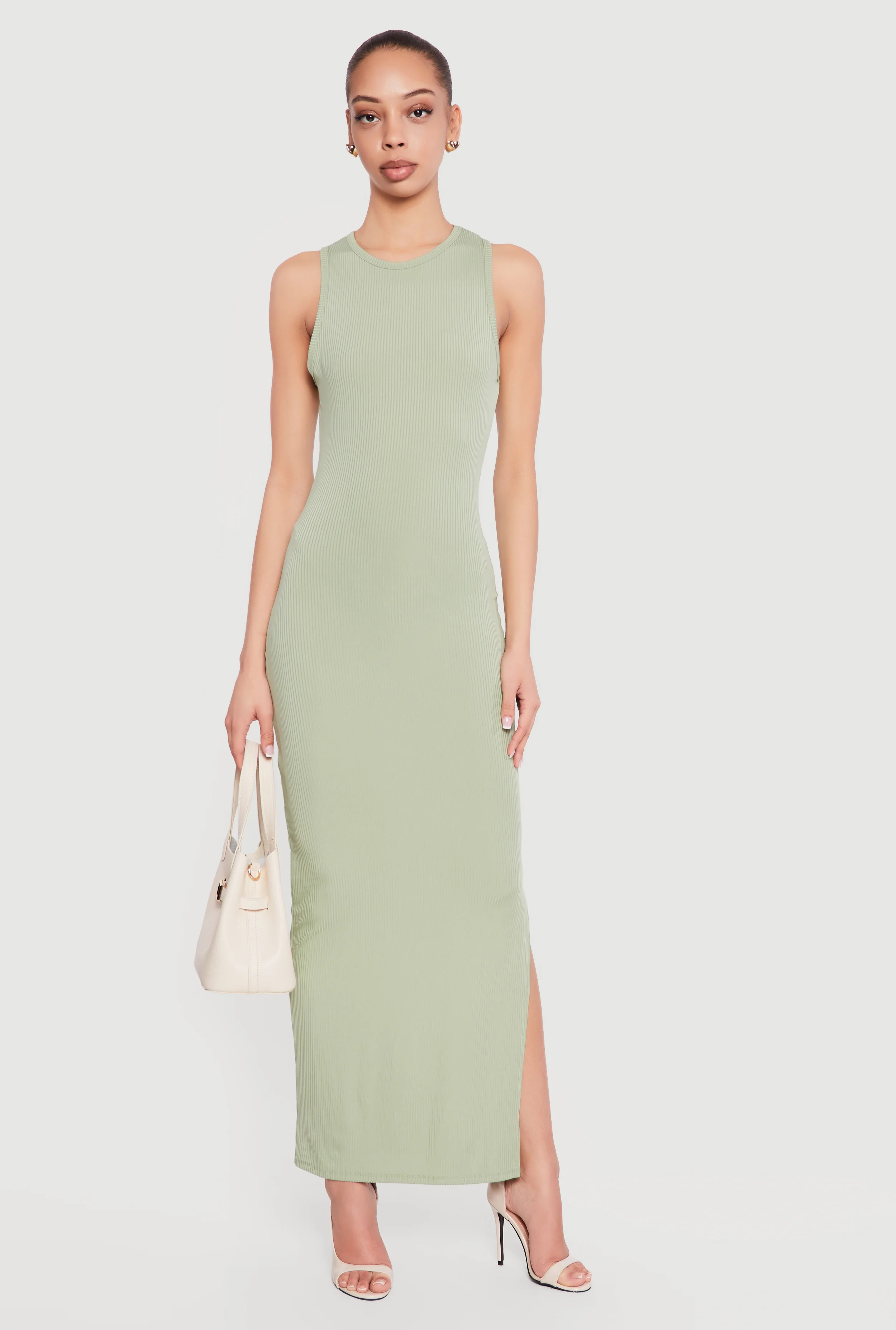 Sleeveless Ribbed Knit Crew Neck Maxi Dress