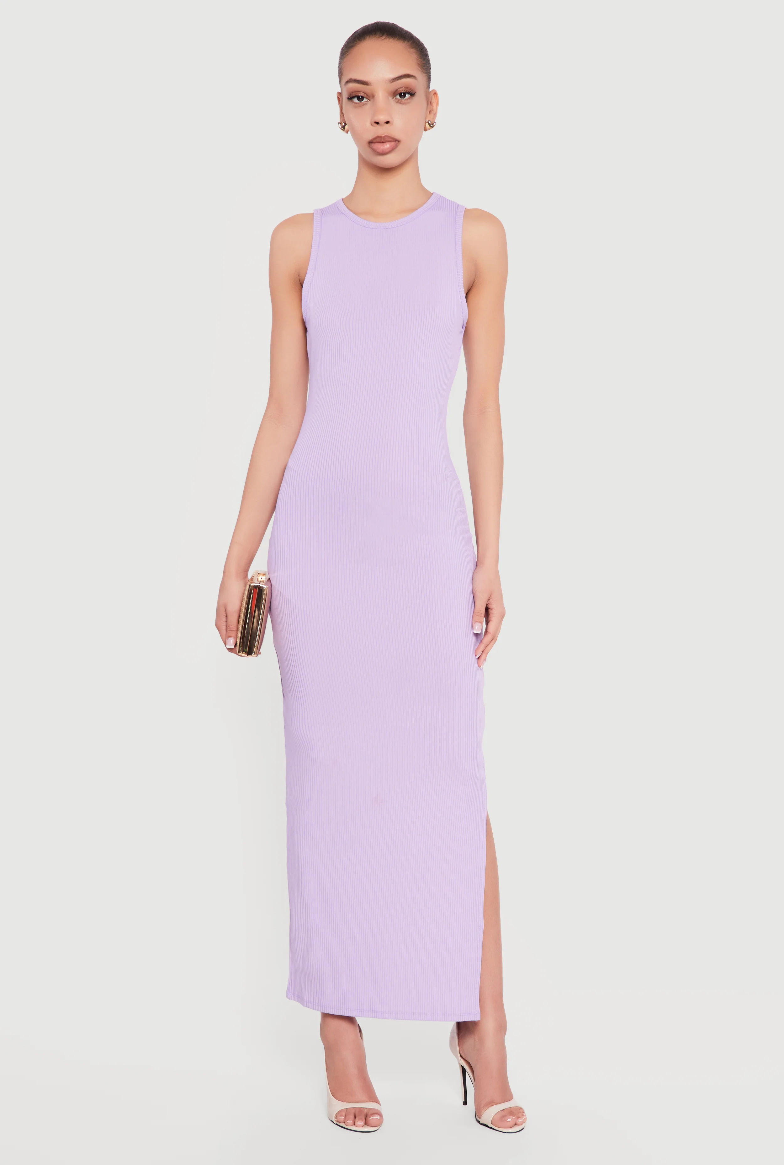 Sleeveless Ribbed Knit Crew Neck Maxi Dress