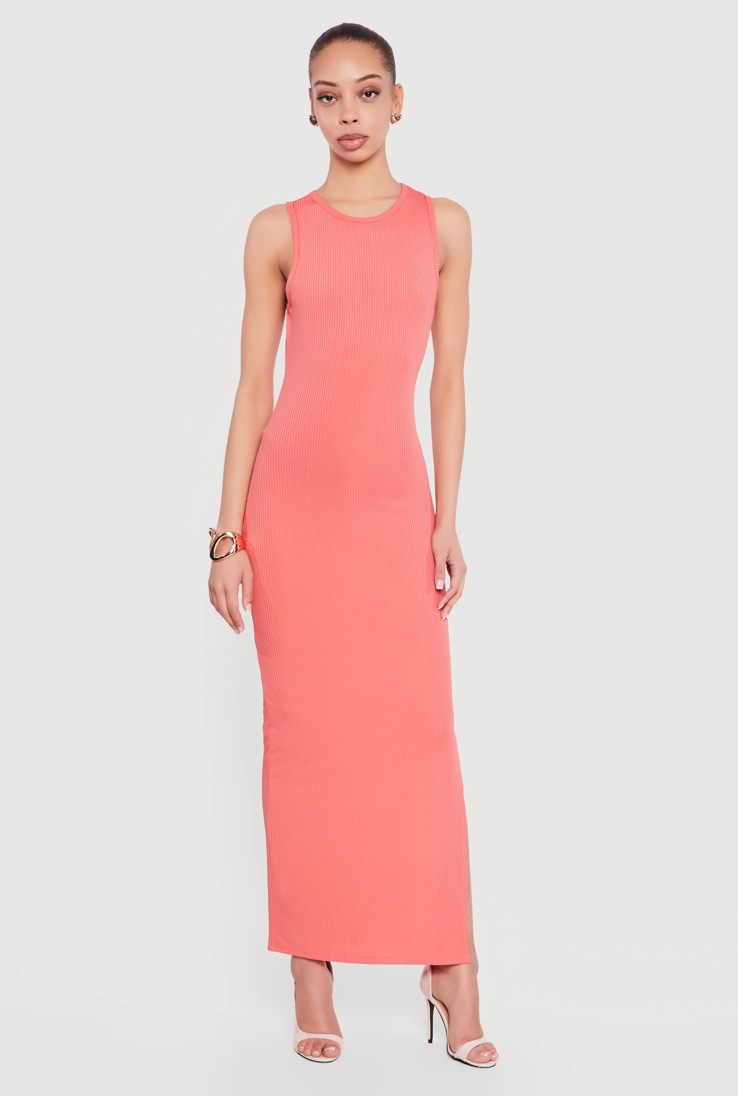 Sleeveless Ribbed Knit Crew Neck Maxi Dress