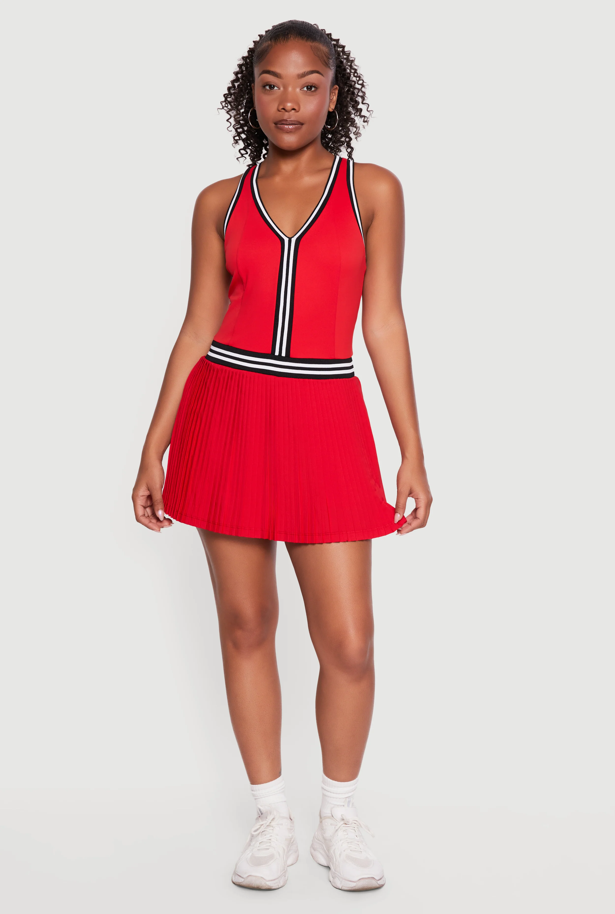 Varsity Stripe Racerback Pleated Tennis Dress with Shorts Lining