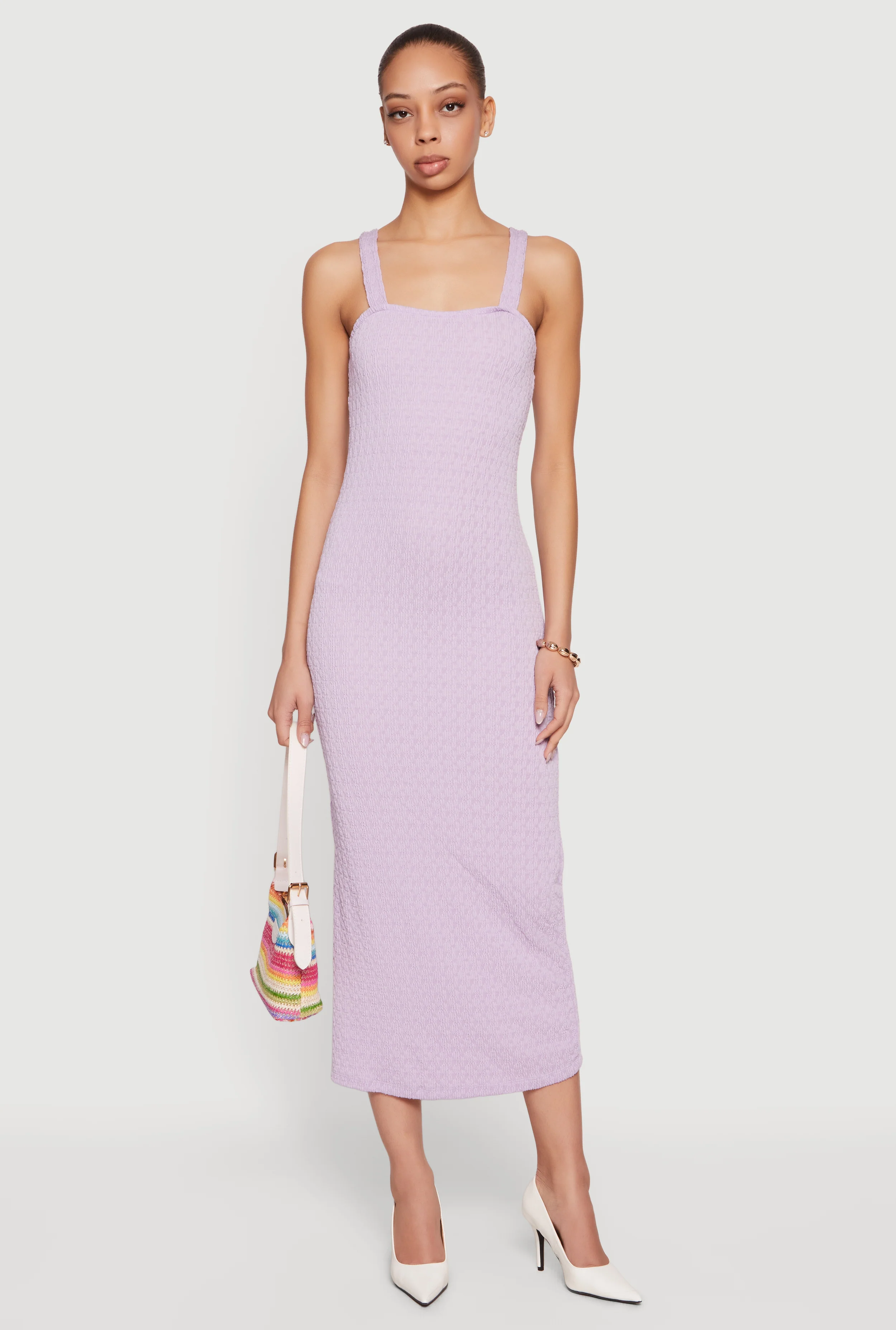 Textured Knit Square Neck Side Slit Midi Dress