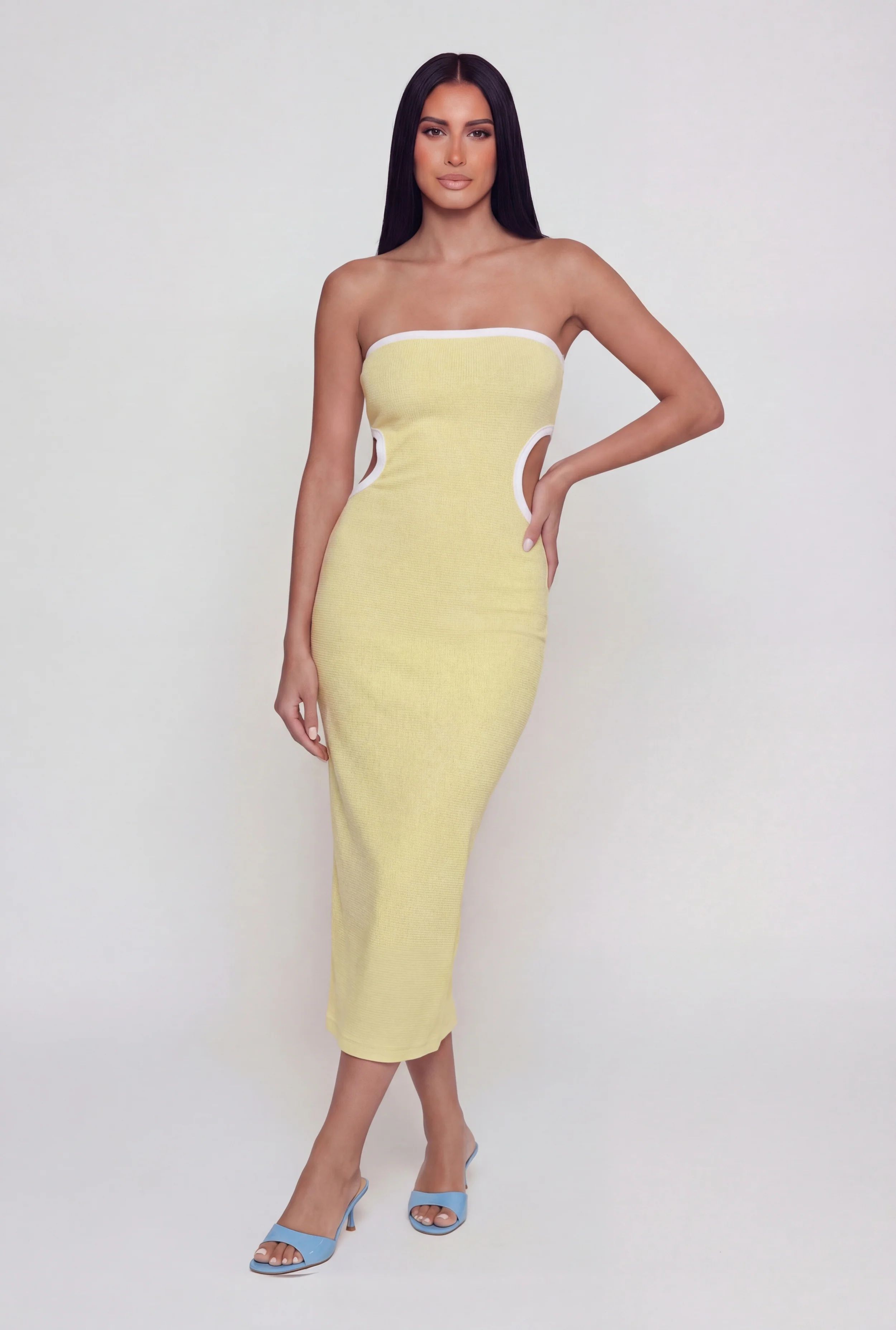 Contrast Trim Cutout Side Tube Midi Dress