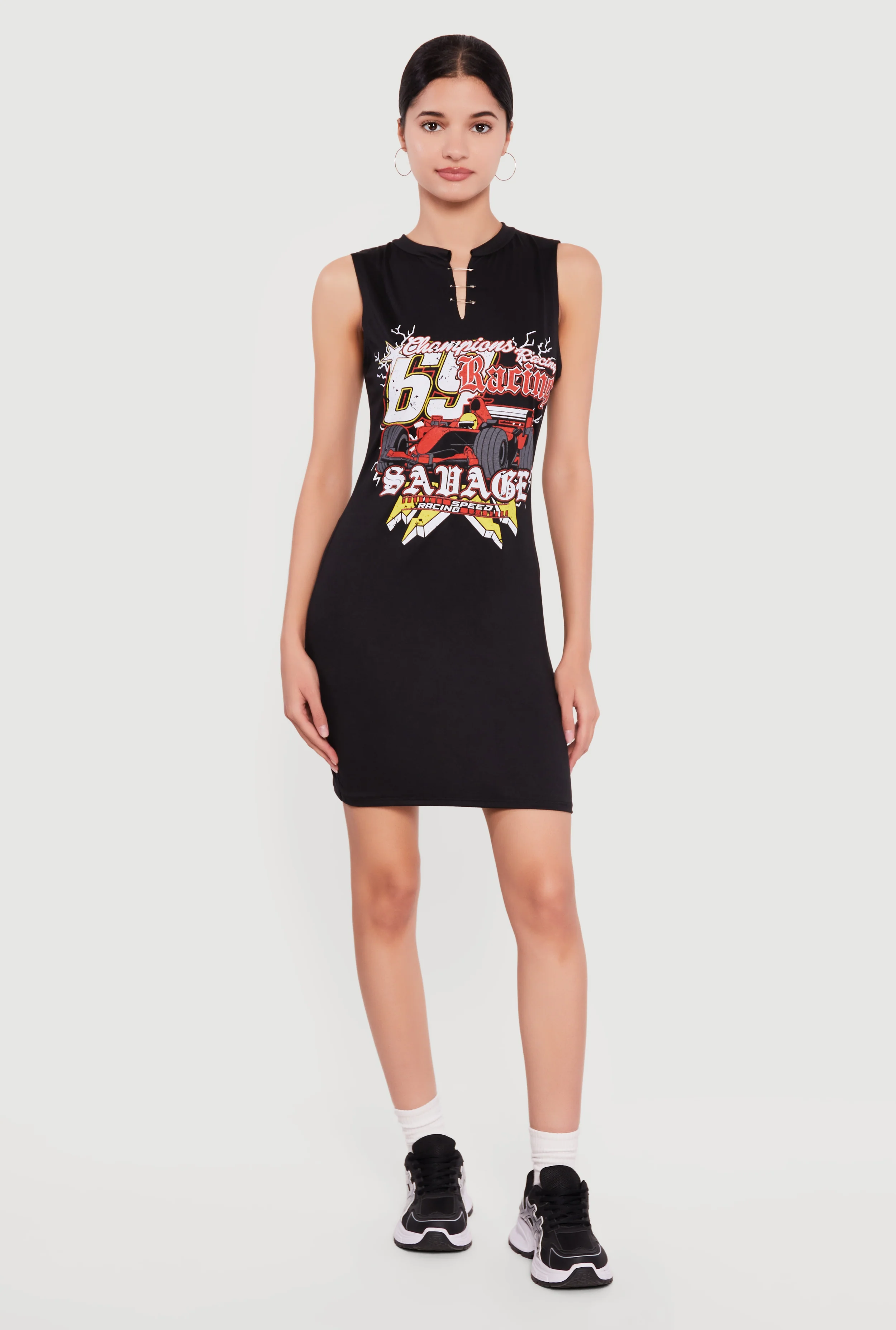 Safety Pin Racing Graphic Notch Neck T-Shirt Dress