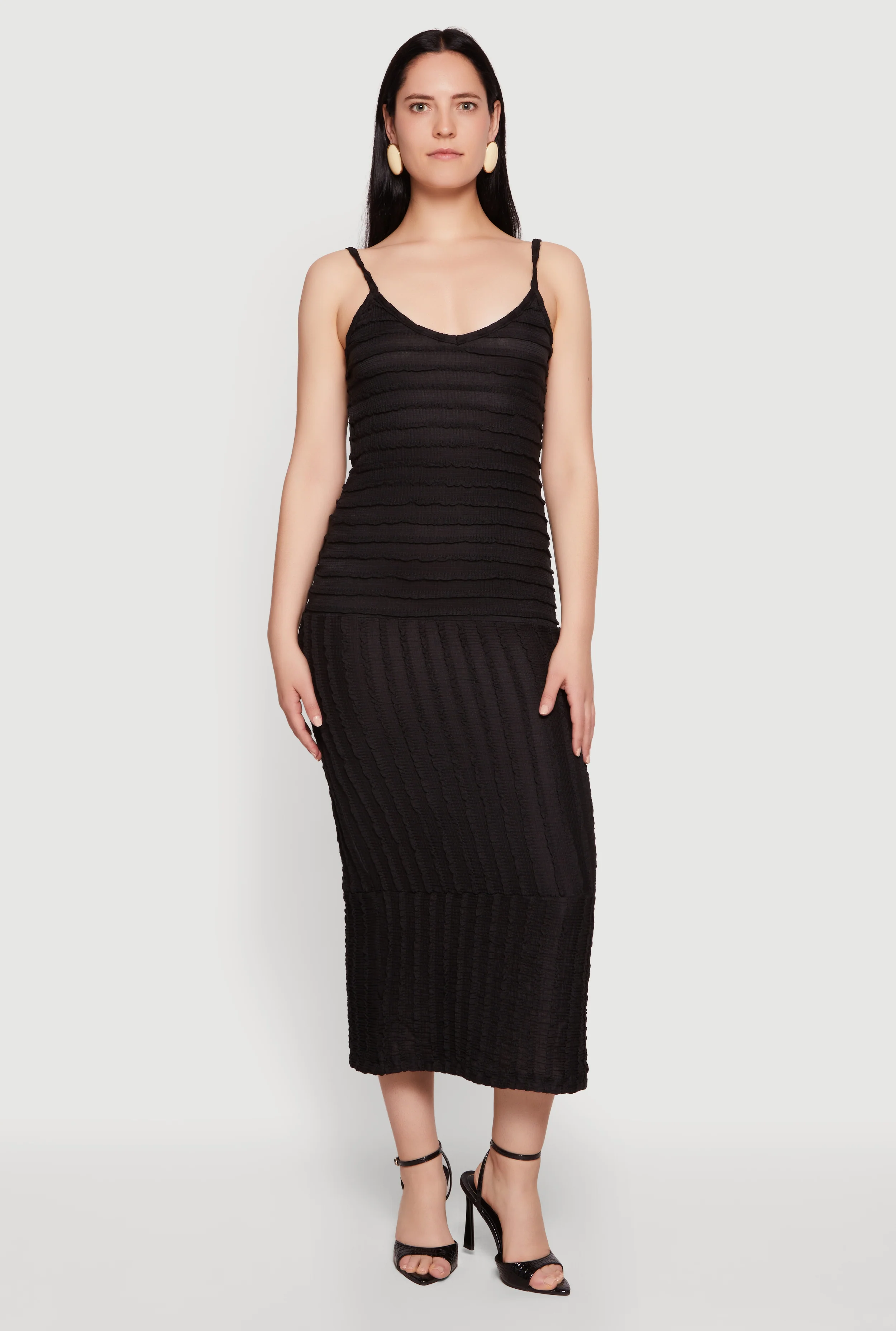 Textured Knit Ruffle Trim Tiered Midi Dress