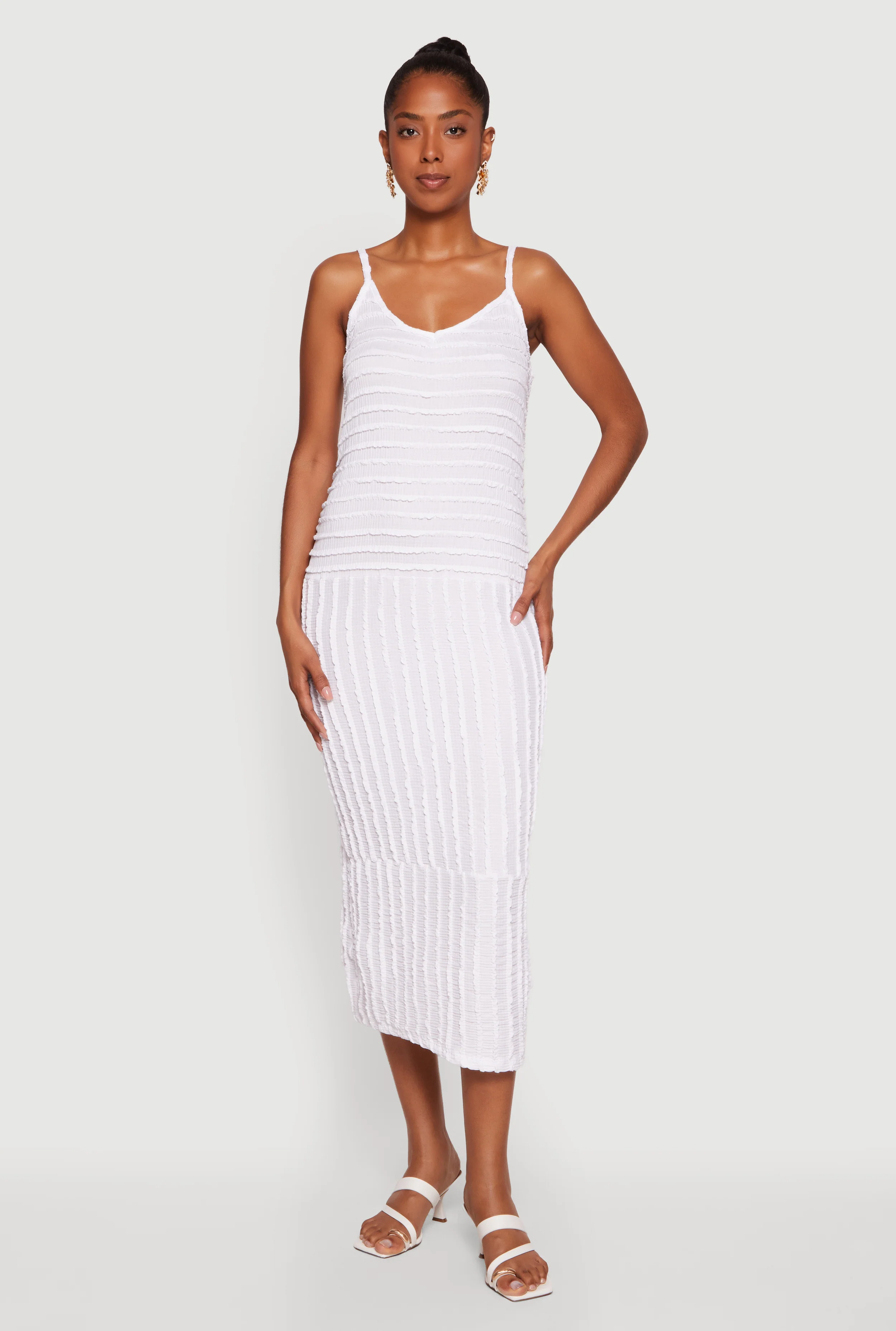 Textured Knit Ruffle Trim Tiered Midi Dress