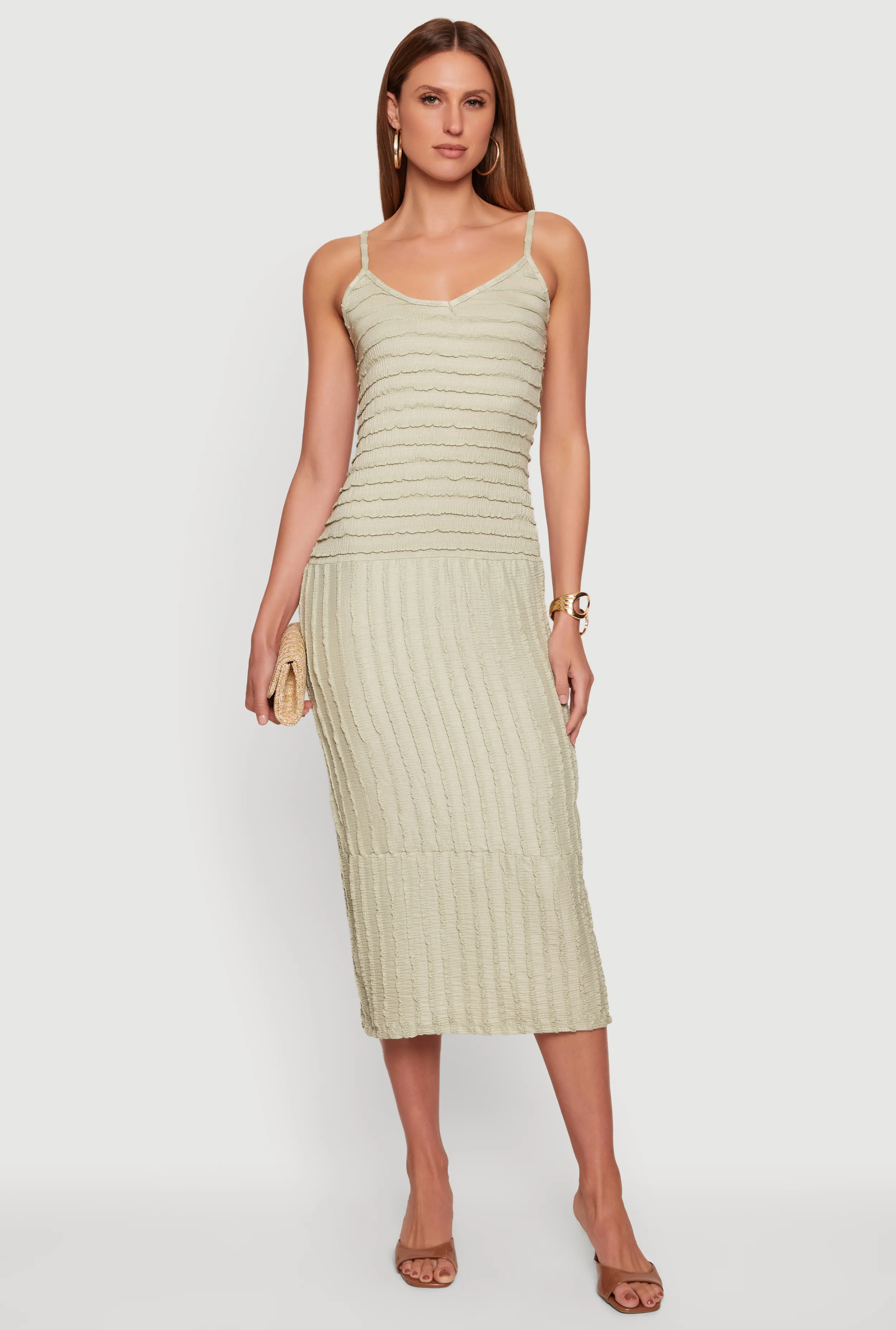 Textured Knit Ruffle Trim Tiered Midi Dress