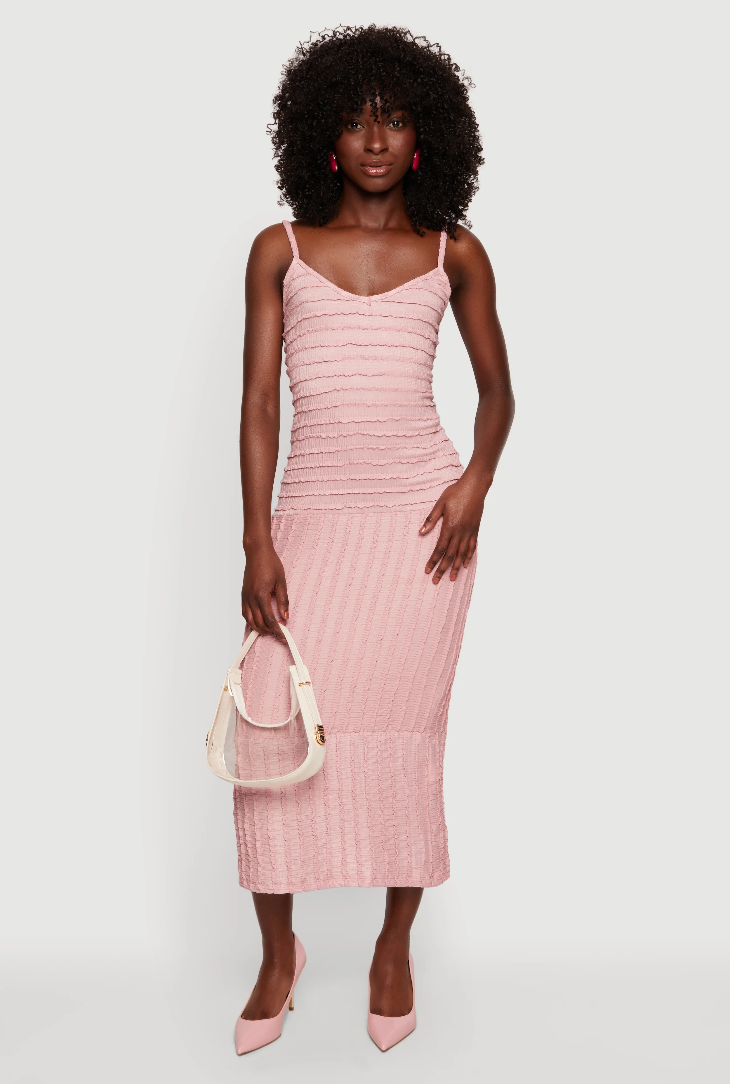 Textured Knit Ruffle Trim Tiered Midi Dress
