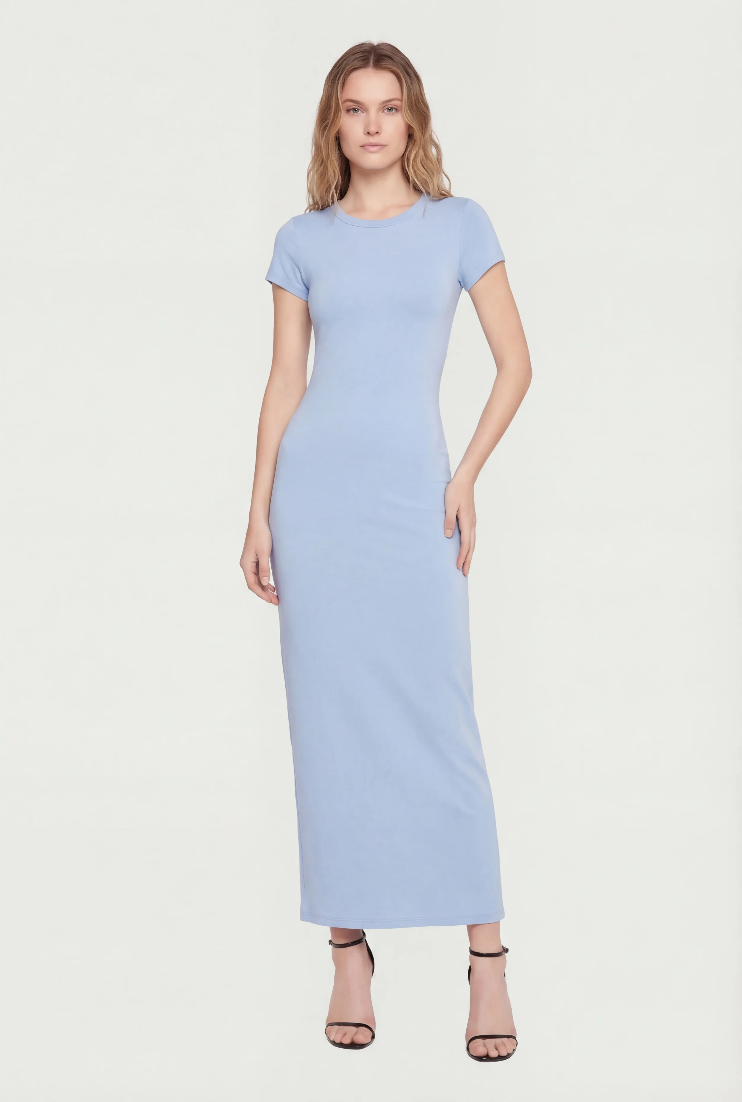 Short Sleeve Crew Neck Slit Back Maxi Dress