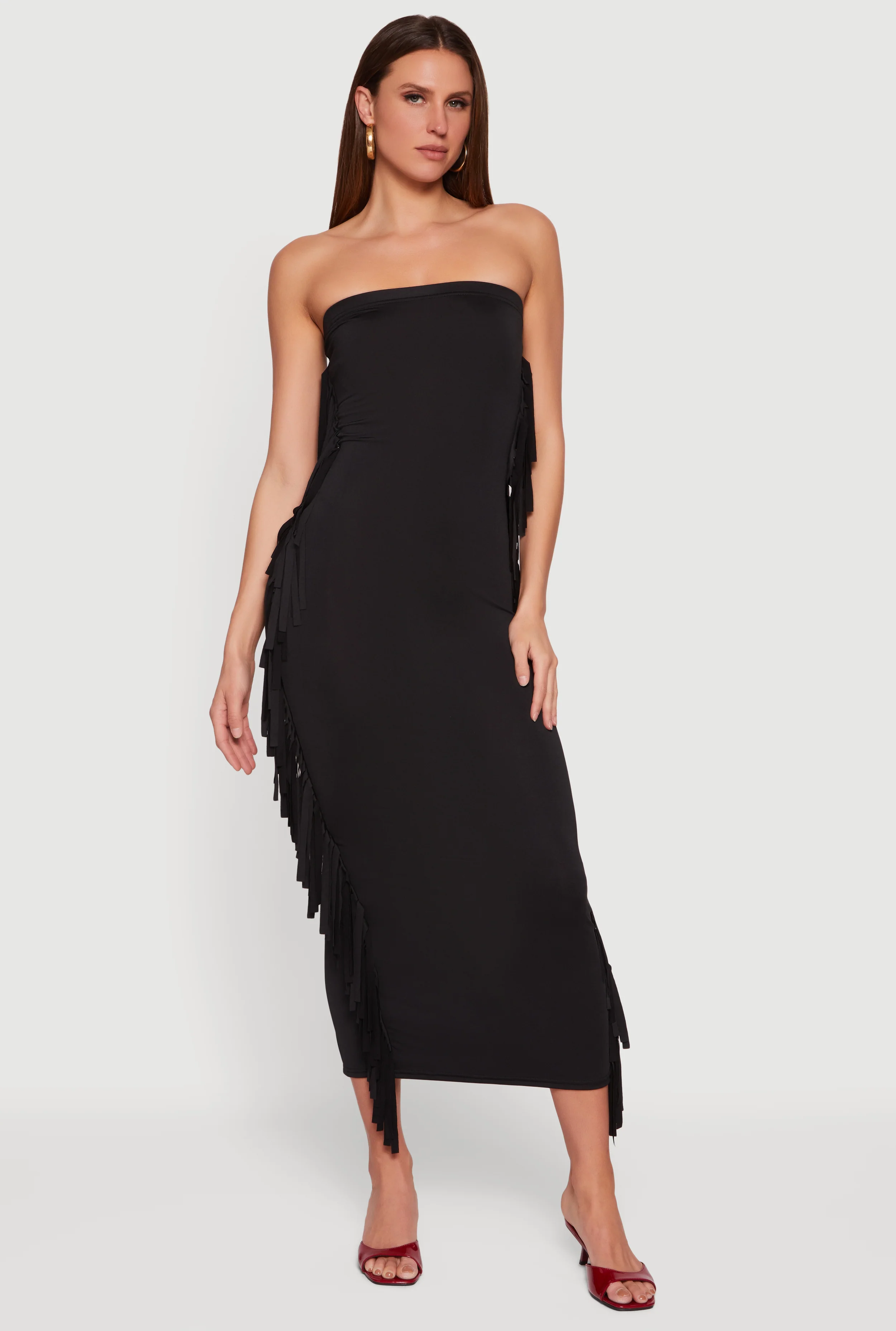 Fringe Side Slit Back Maxi Tube Dress