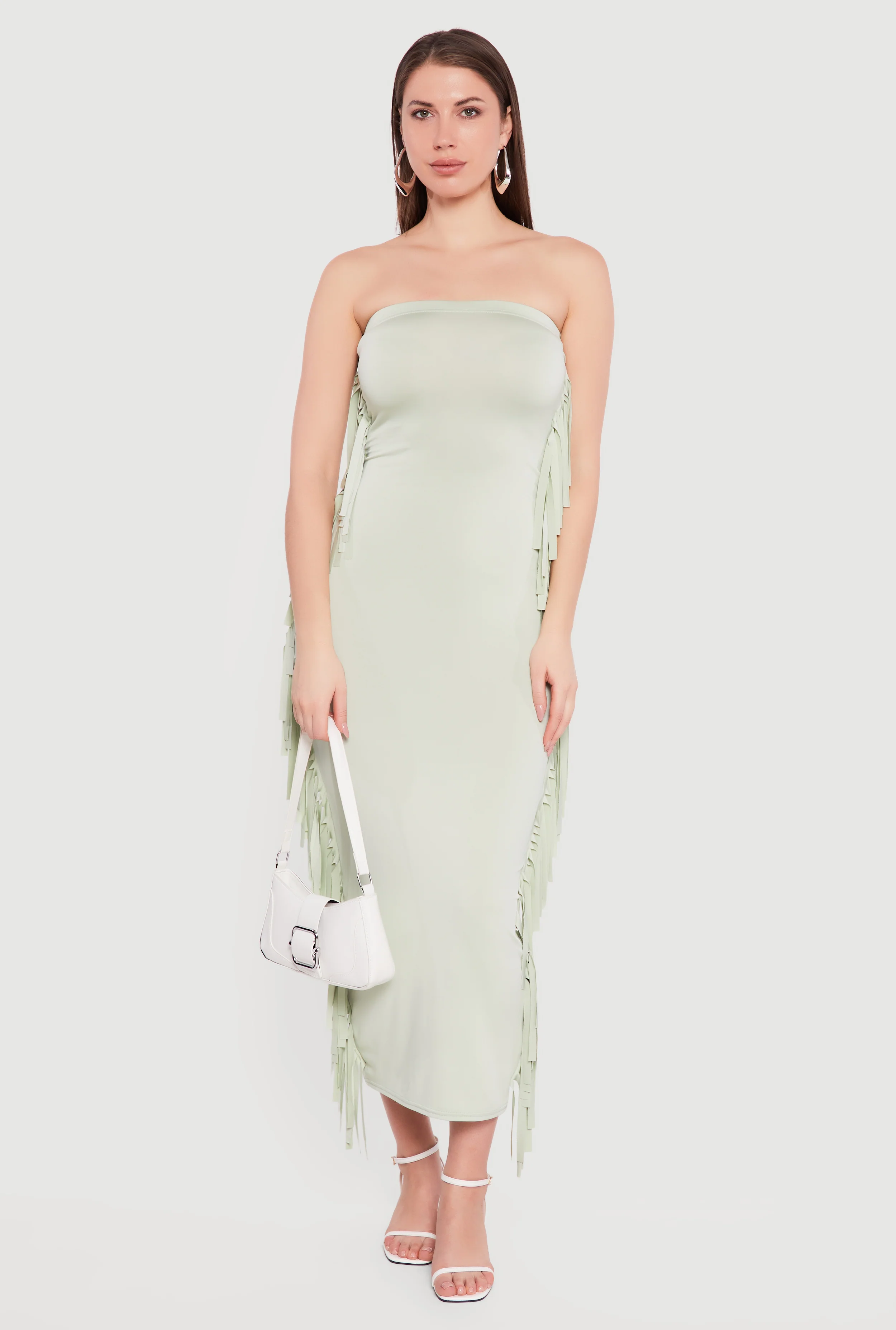 Fringe Side Slit Back Maxi Tube Dress