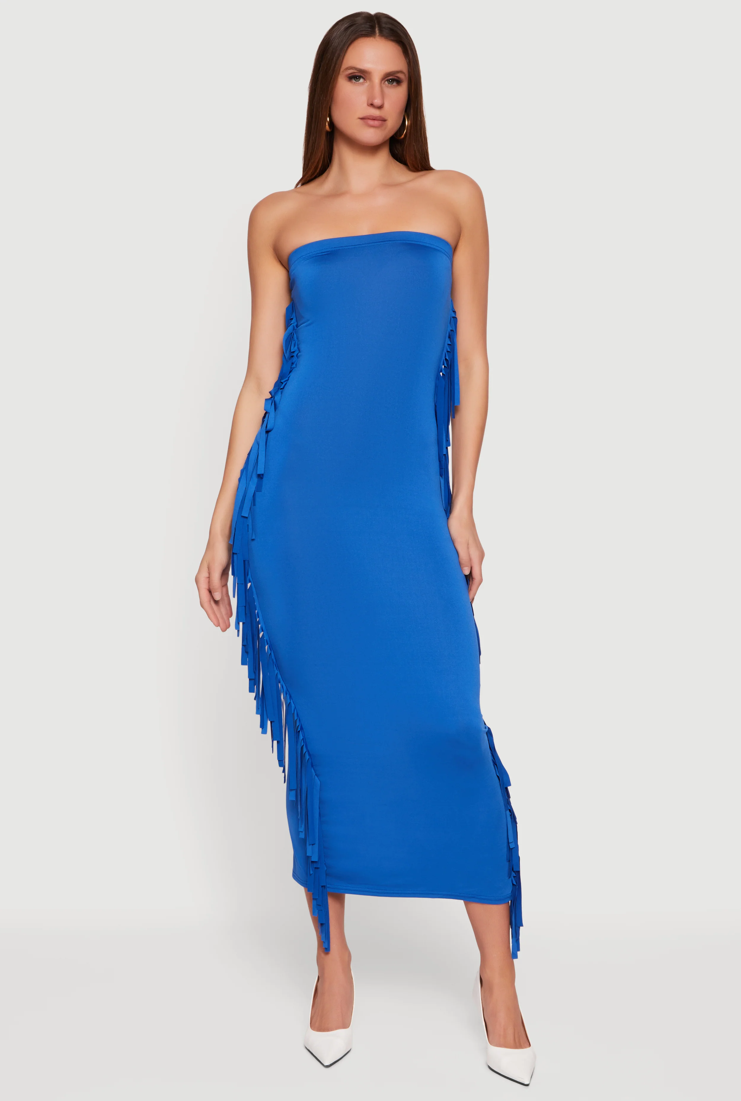 Fringe Side Slit Back Maxi Tube Dress