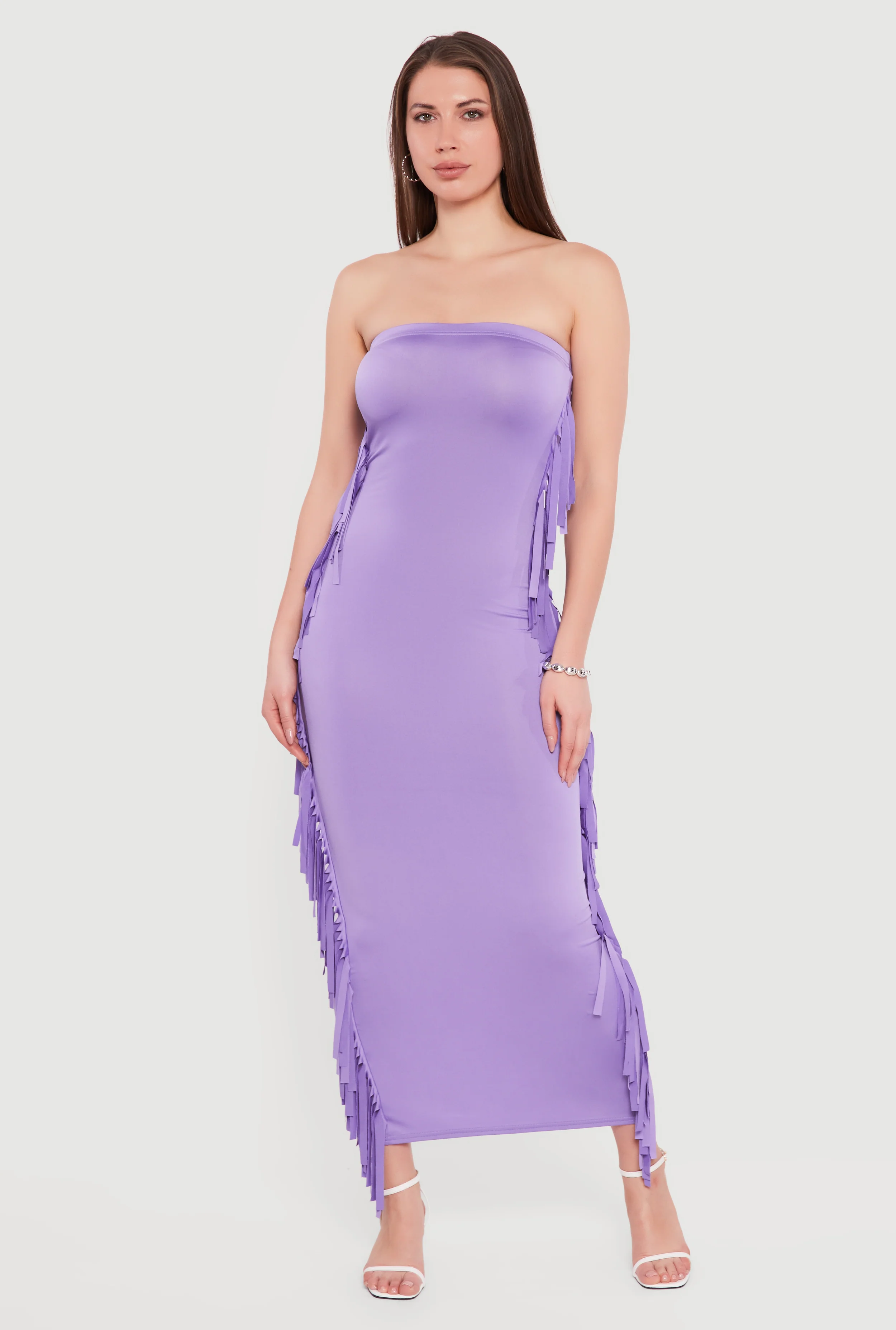 Fringe Side Slit Back Maxi Tube Dress
