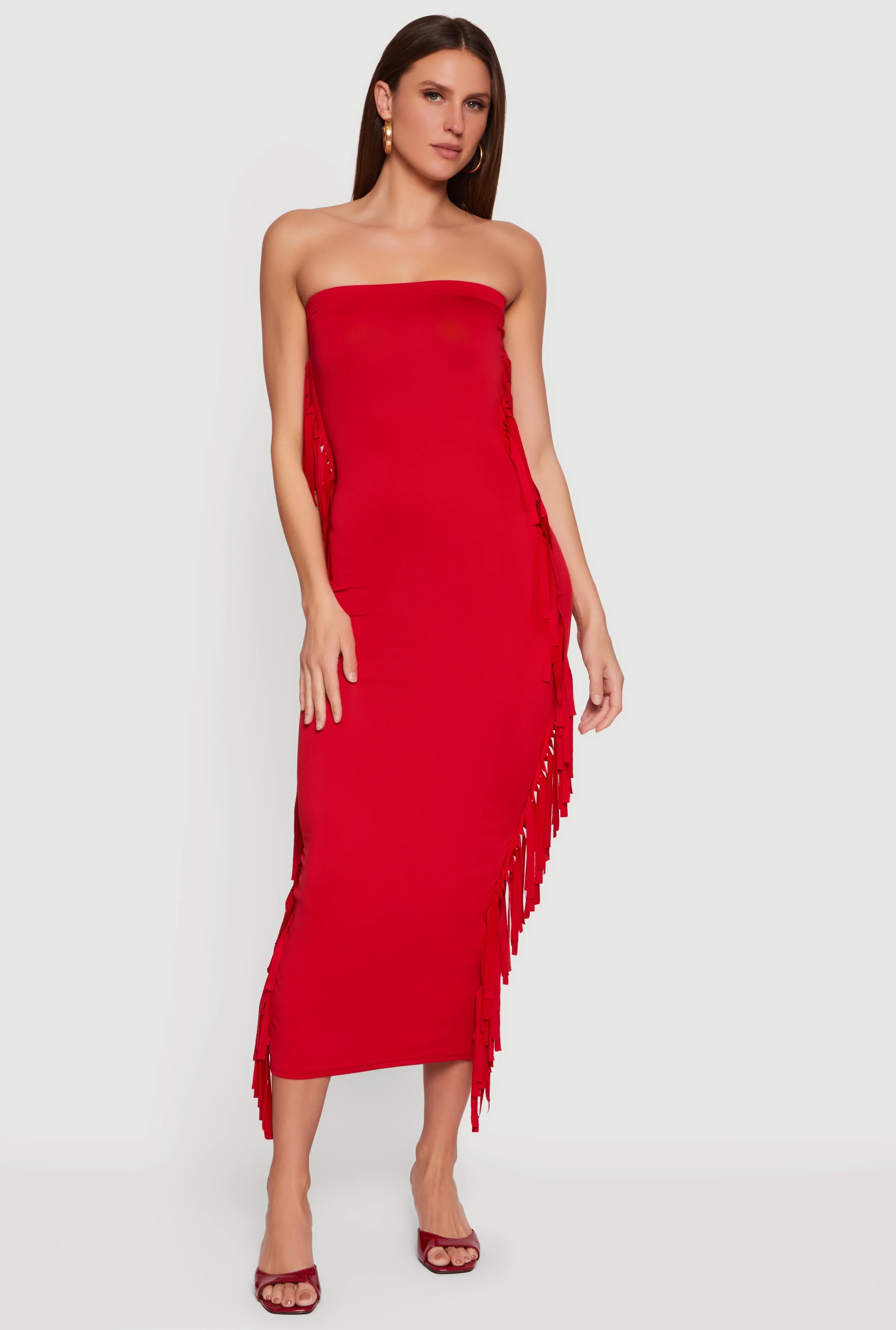 Fringe Side Slit Back Maxi Tube Dress