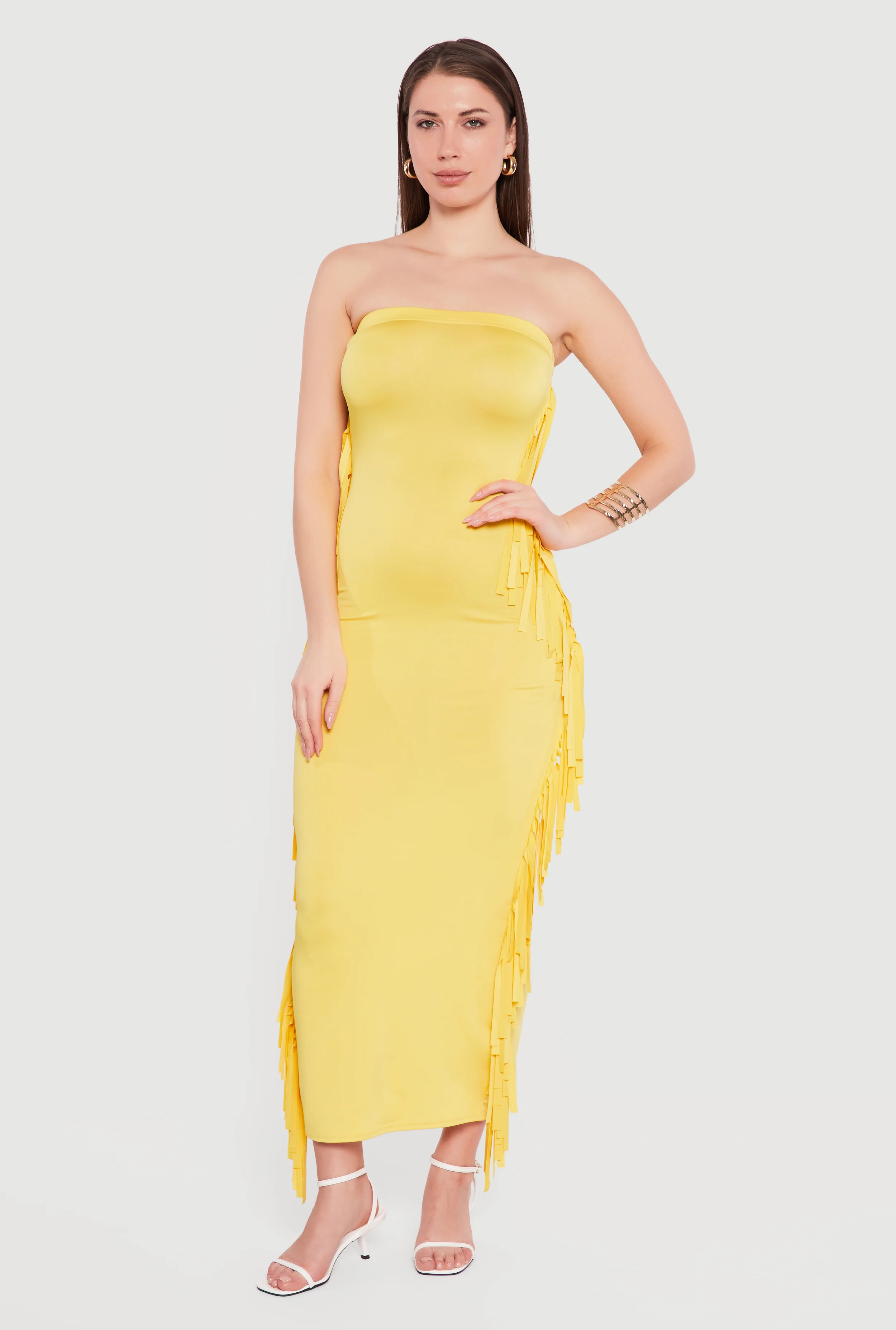 Fringe Side Slit Back Maxi Tube Dress