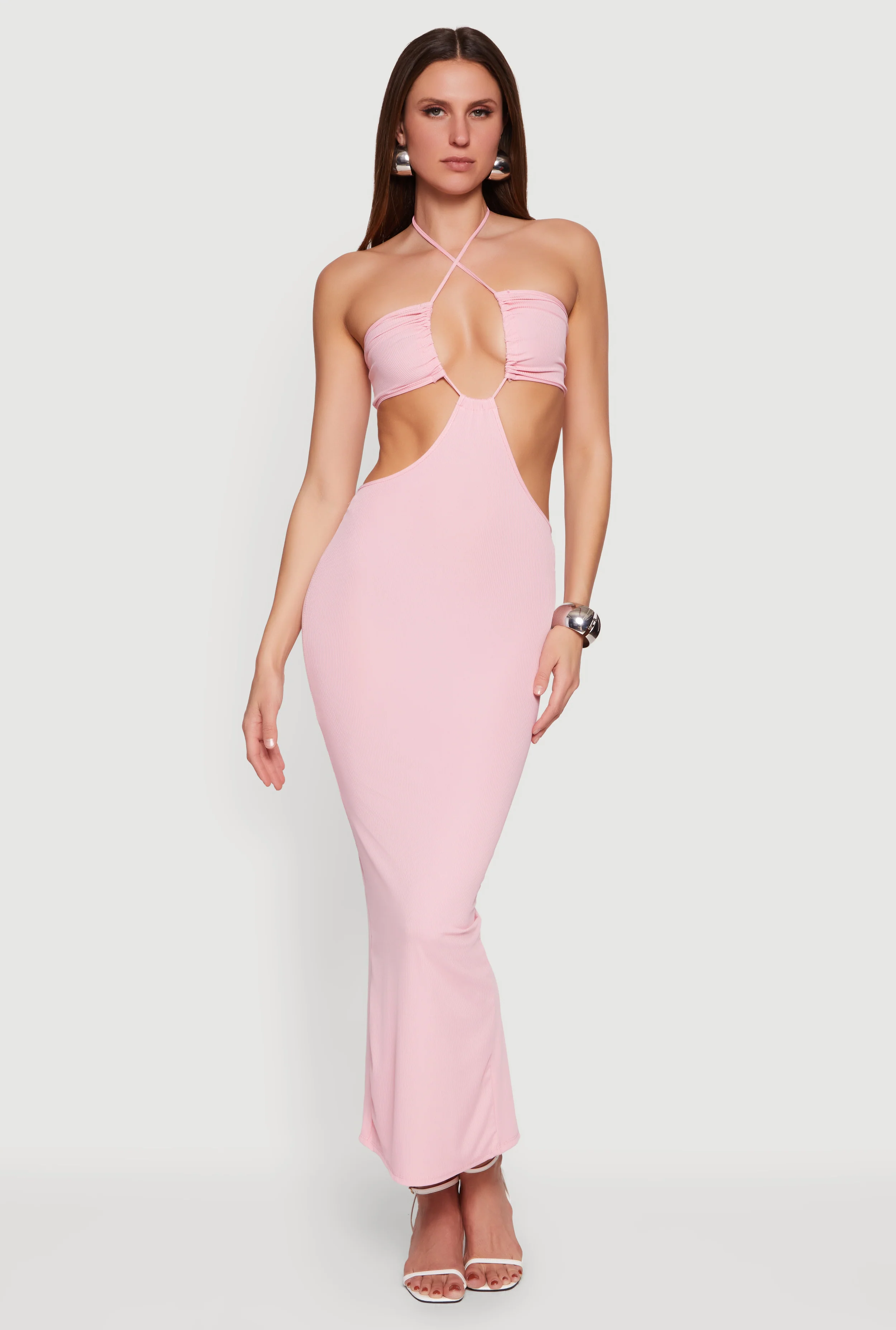 Rib Knit Cutout Halter Maxi Dress